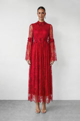 Meet Me Tonight Red Floral Applique Lace Maxi Dress