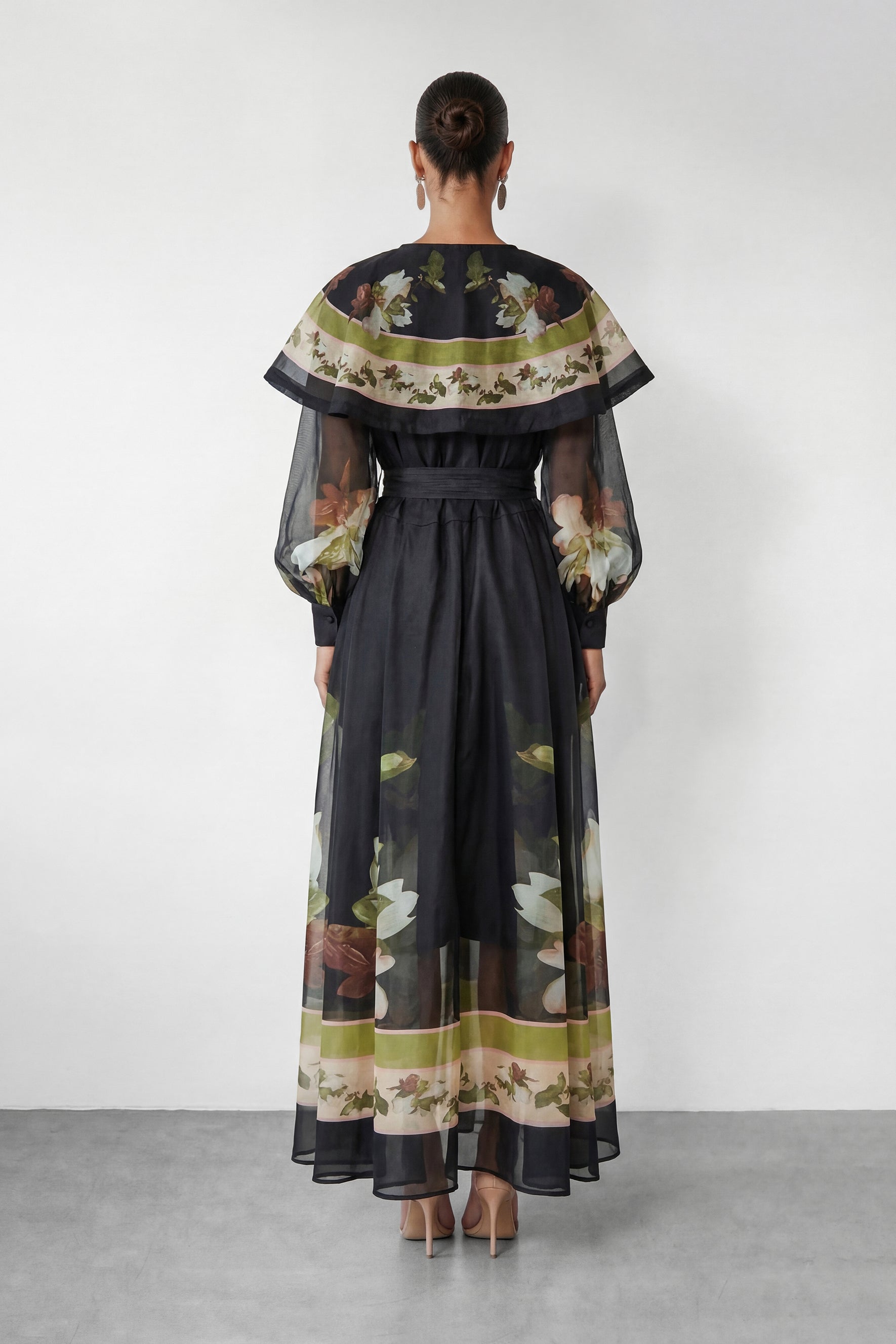 Dark Charm Black Floral Print Cape Collar Maxi Dress