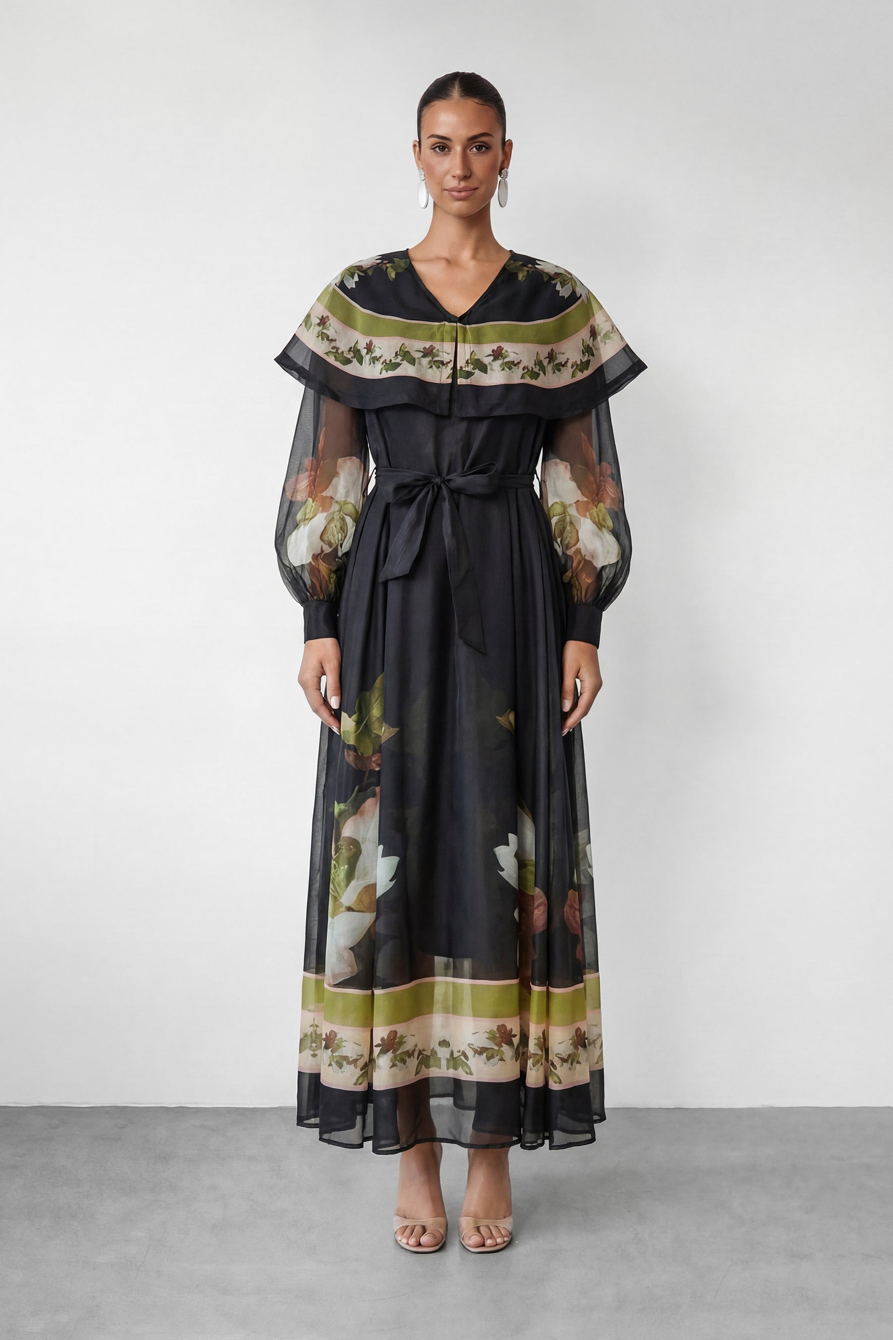 Dark Charm Black Floral Print Cape Collar Maxi Dress