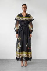 Dark Charm Black Floral Print Cape Collar Maxi Dress