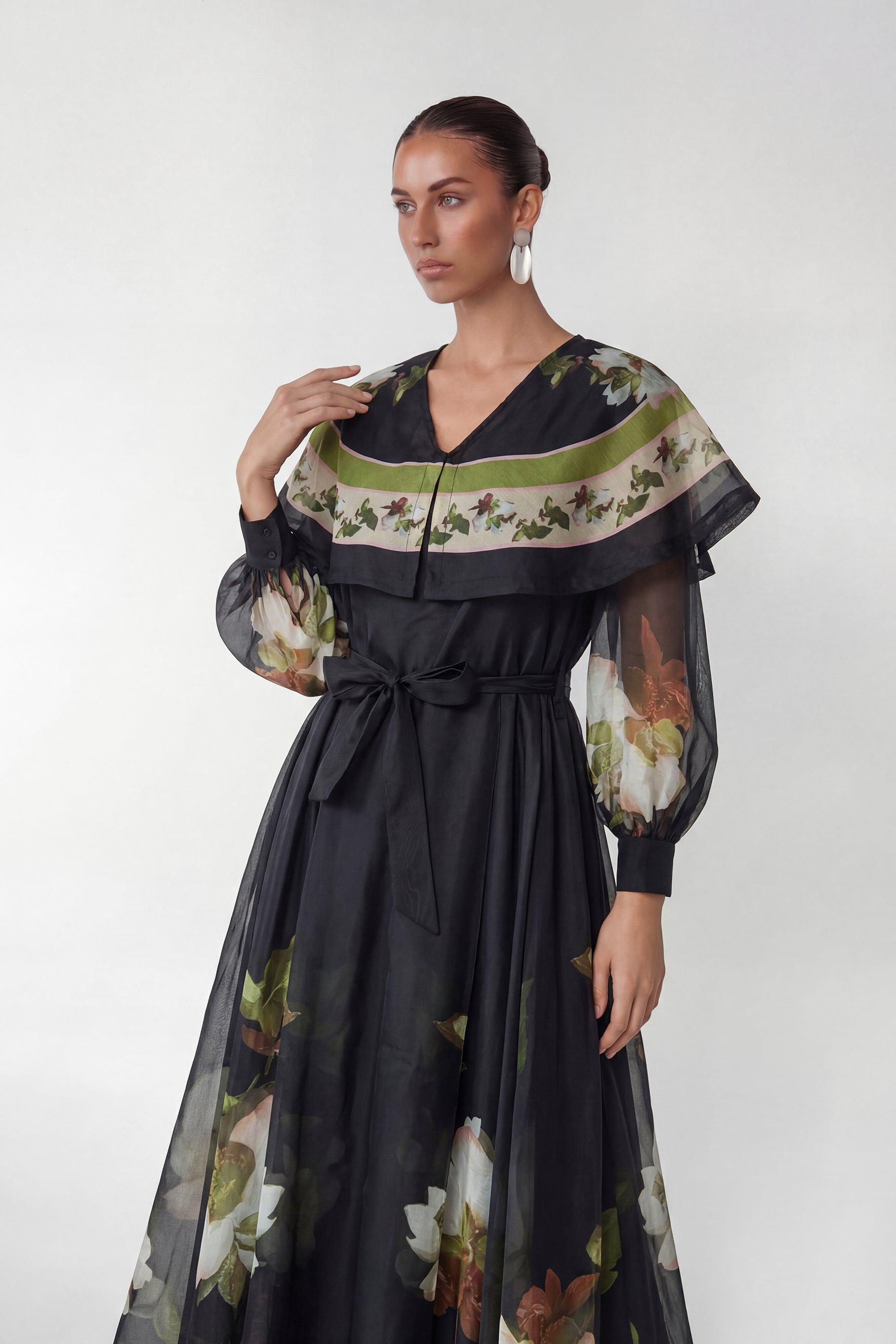Dark Charm Black Floral Print Cape Collar Maxi Dress