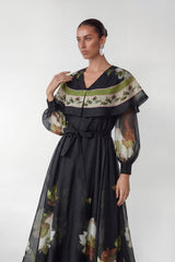 Dark Charm Black Floral Print Cape Collar Maxi Dress