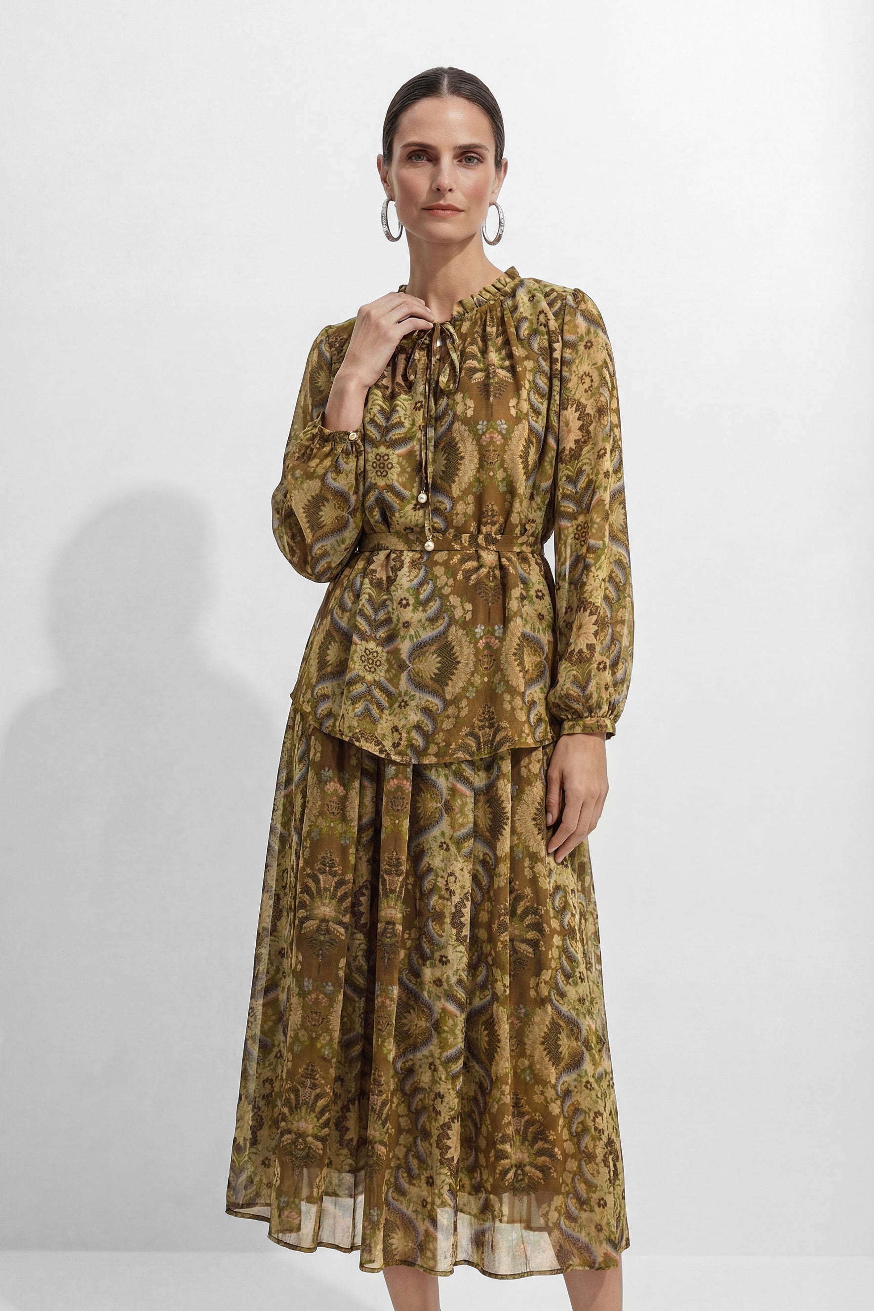 Glam Moment Brown Printed Georgette Set Top & Skirt Set
