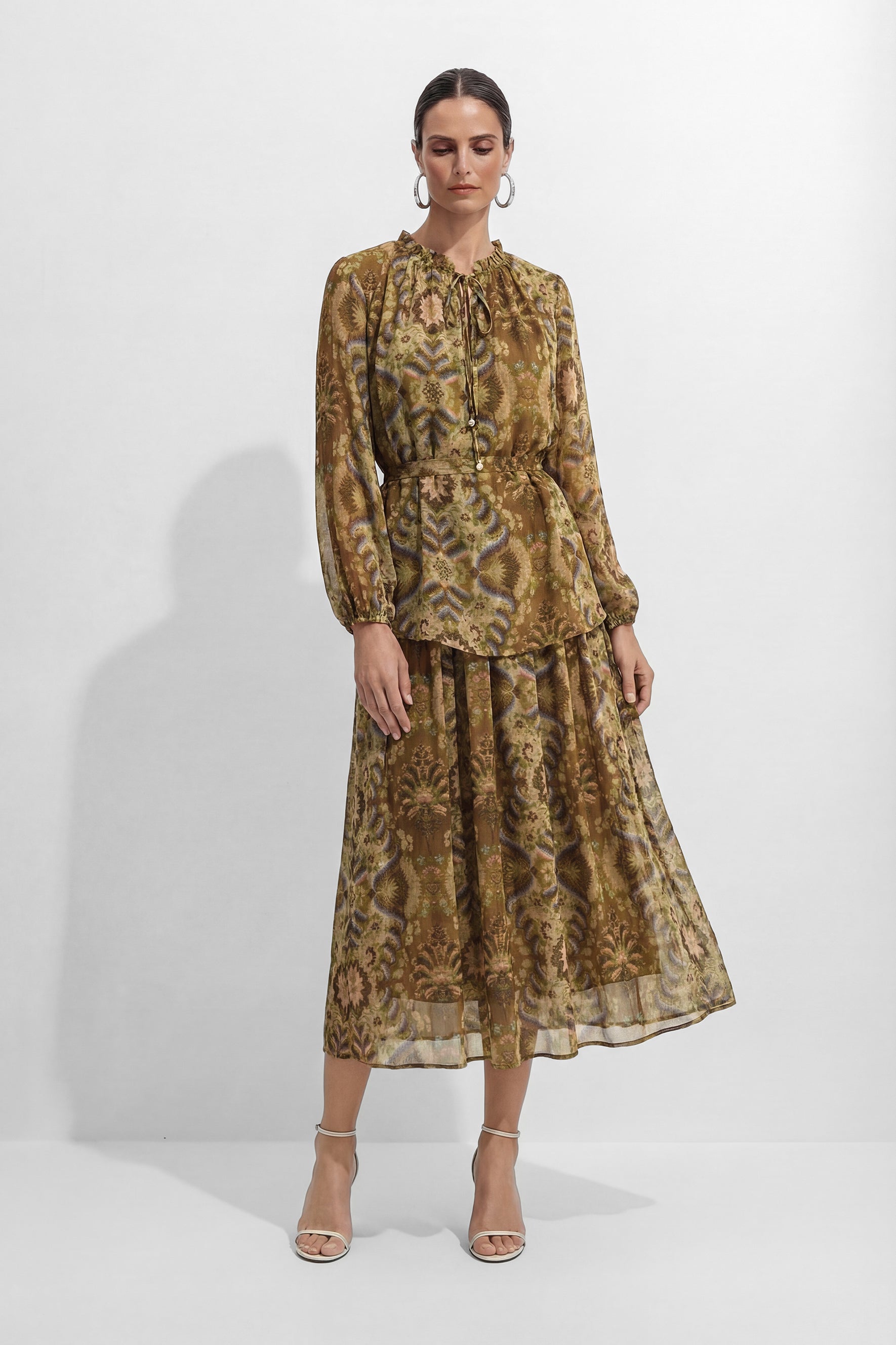 Glam Moment Brown Printed Georgette Set Top & Skirt Set