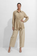 Relaxed Day Khaki Waist Pleat Asymmetrical Hem Shirt