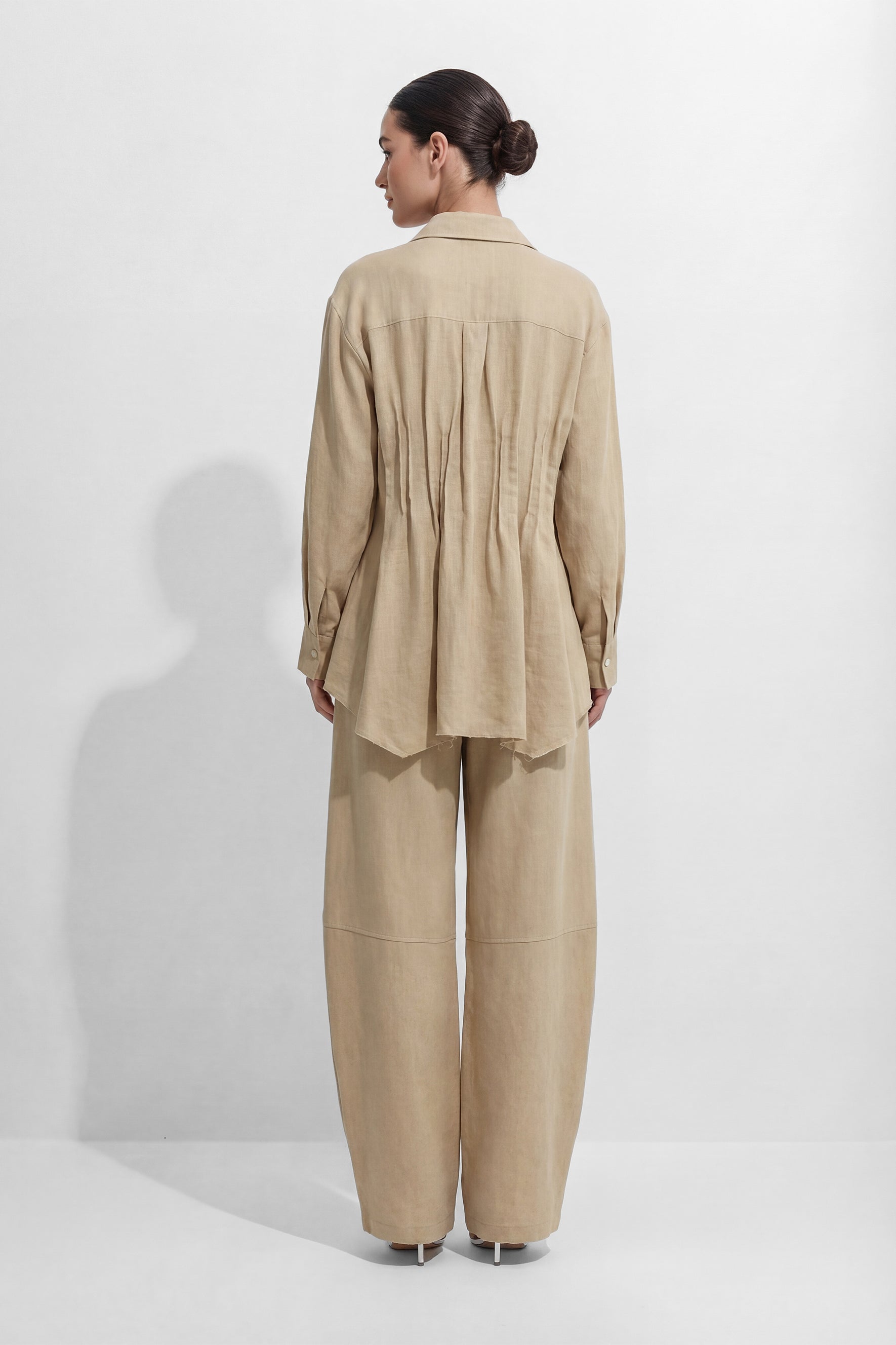 Relaxed Day Khaki Waist Pleat Asymmetrical Hem Shirt