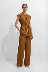 Time Moves Soft Brown Floral Button Vest & Wide Leg Pants Set