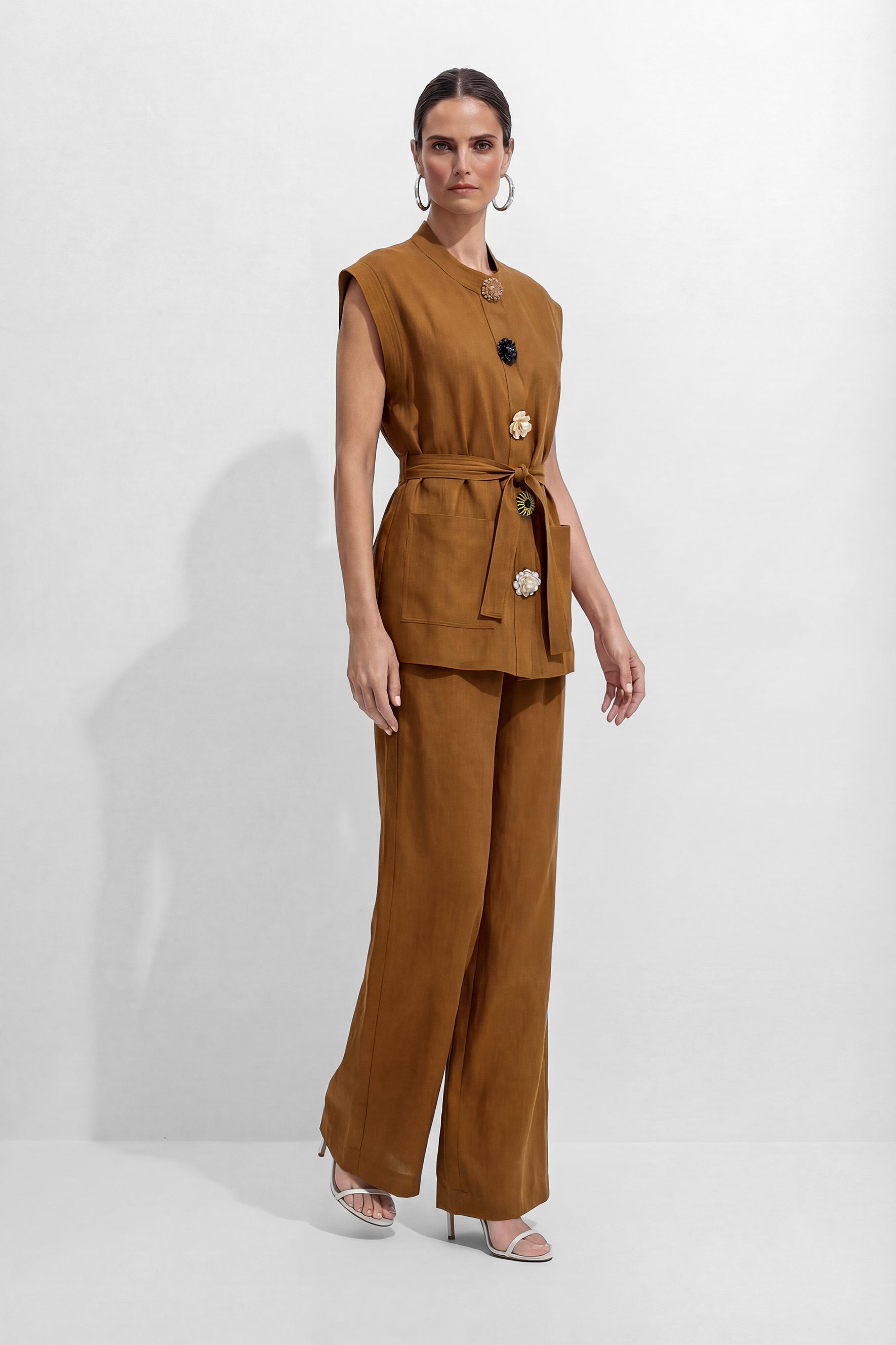 Time Moves Soft Brown Floral Button Vest & Wide Leg Pants Set