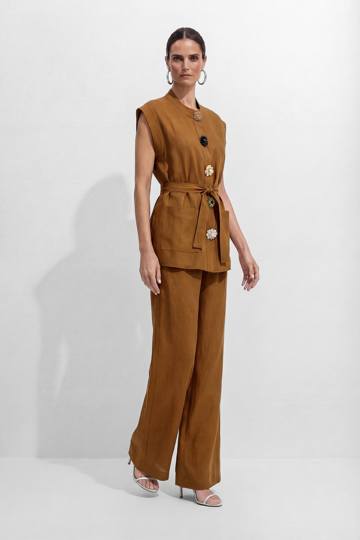 Time Moves Soft Brown Floral Button Vest & Wide Leg Pants Set