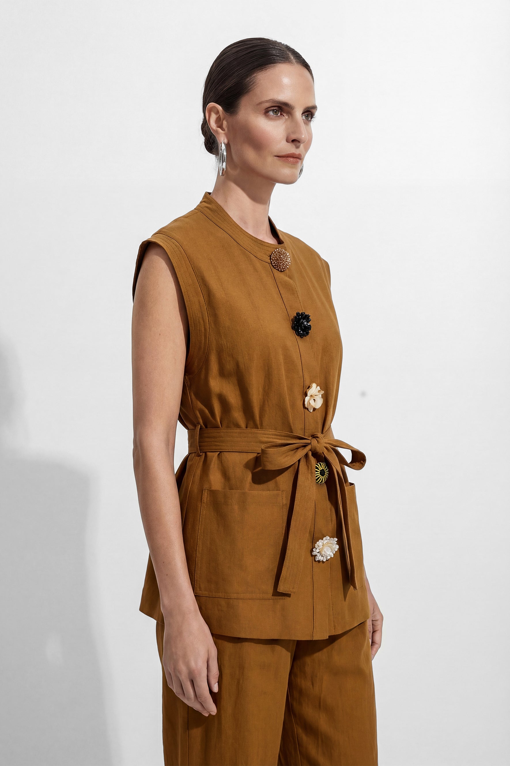 Time Moves Soft Brown Floral Button Vest & Wide Leg Pants Set