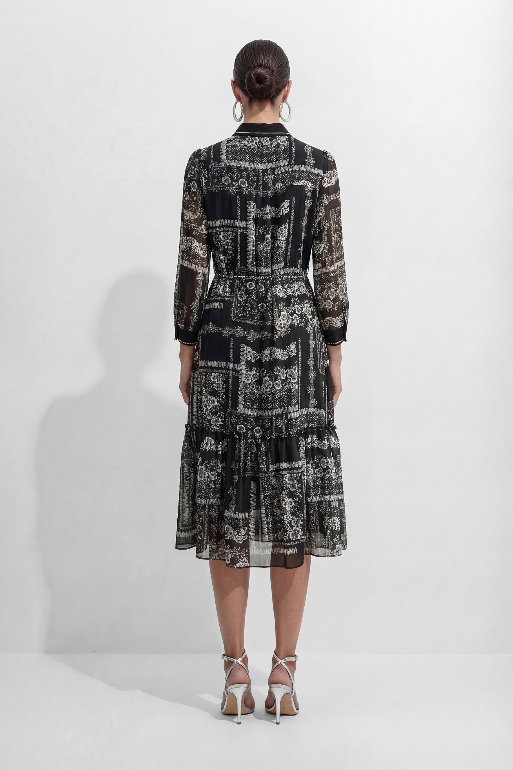 Midnight Bloom Black Floral Print Tiered Midi Dress