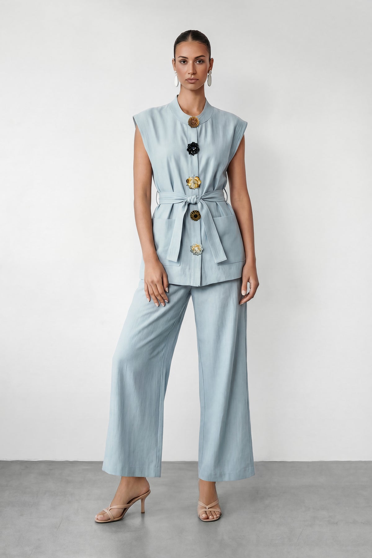Simple Feeling Blue Floral Button & Wide Leg Pants Set