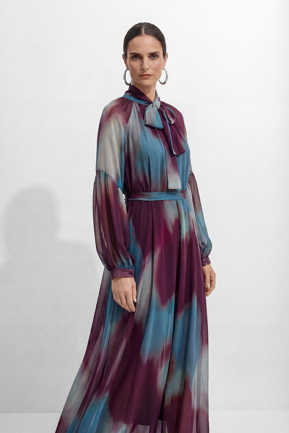 Retro Psychedelic Multi Tie-Dye Puff Sleeve Maxi Dress