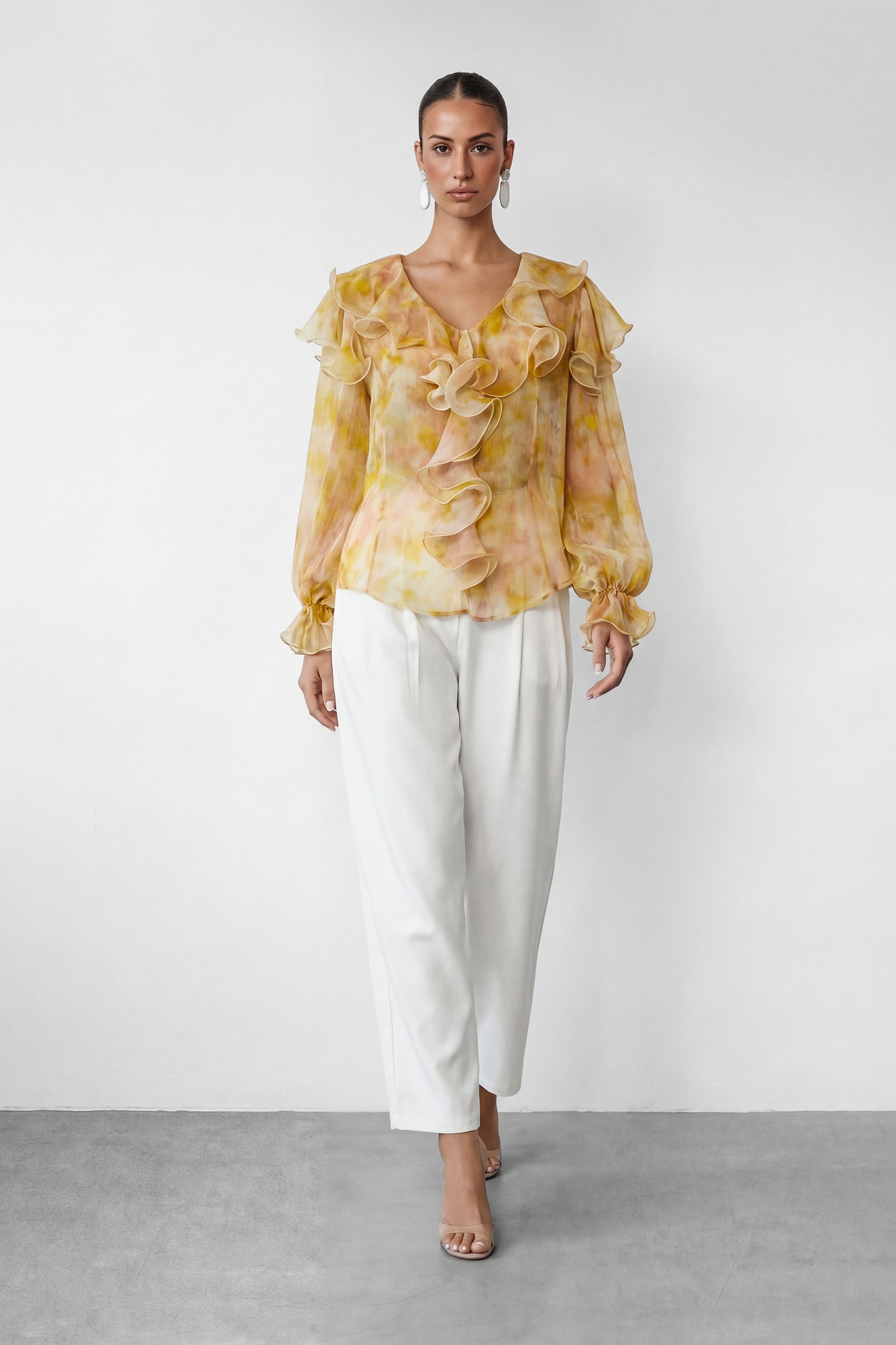 Light Reverie Apricot Ruffle Watercolor Print Blouse
