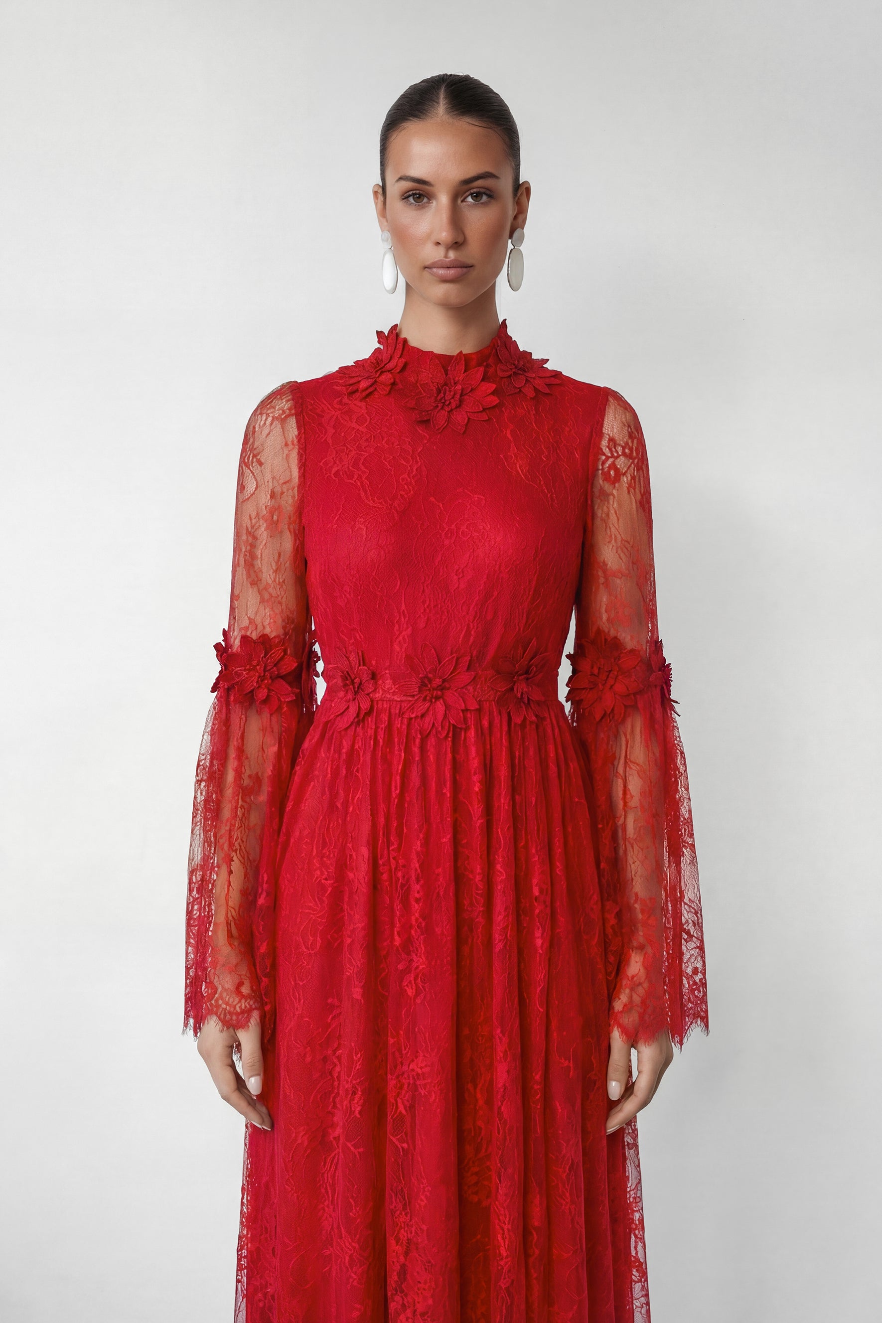 Meet Me Tonight Red Floral Applique Lace Maxi Dress