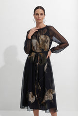 Night Fairy Black Floral Print Tulle Midi Dress