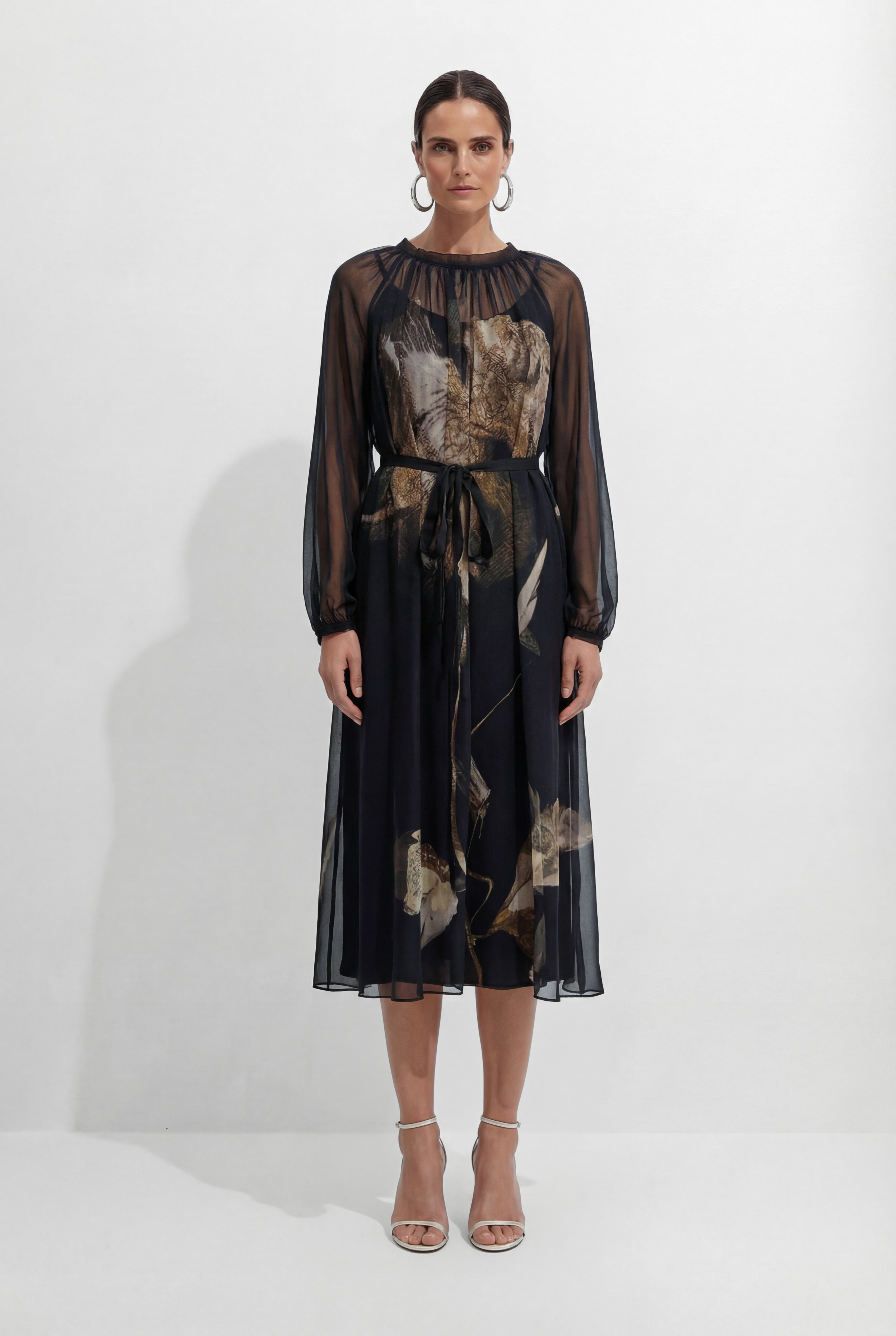 Night Fairy Black Floral Print Tulle Midi Dress