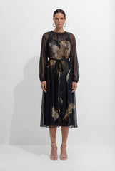 Night Fairy Black Floral Print Tulle Midi Dress