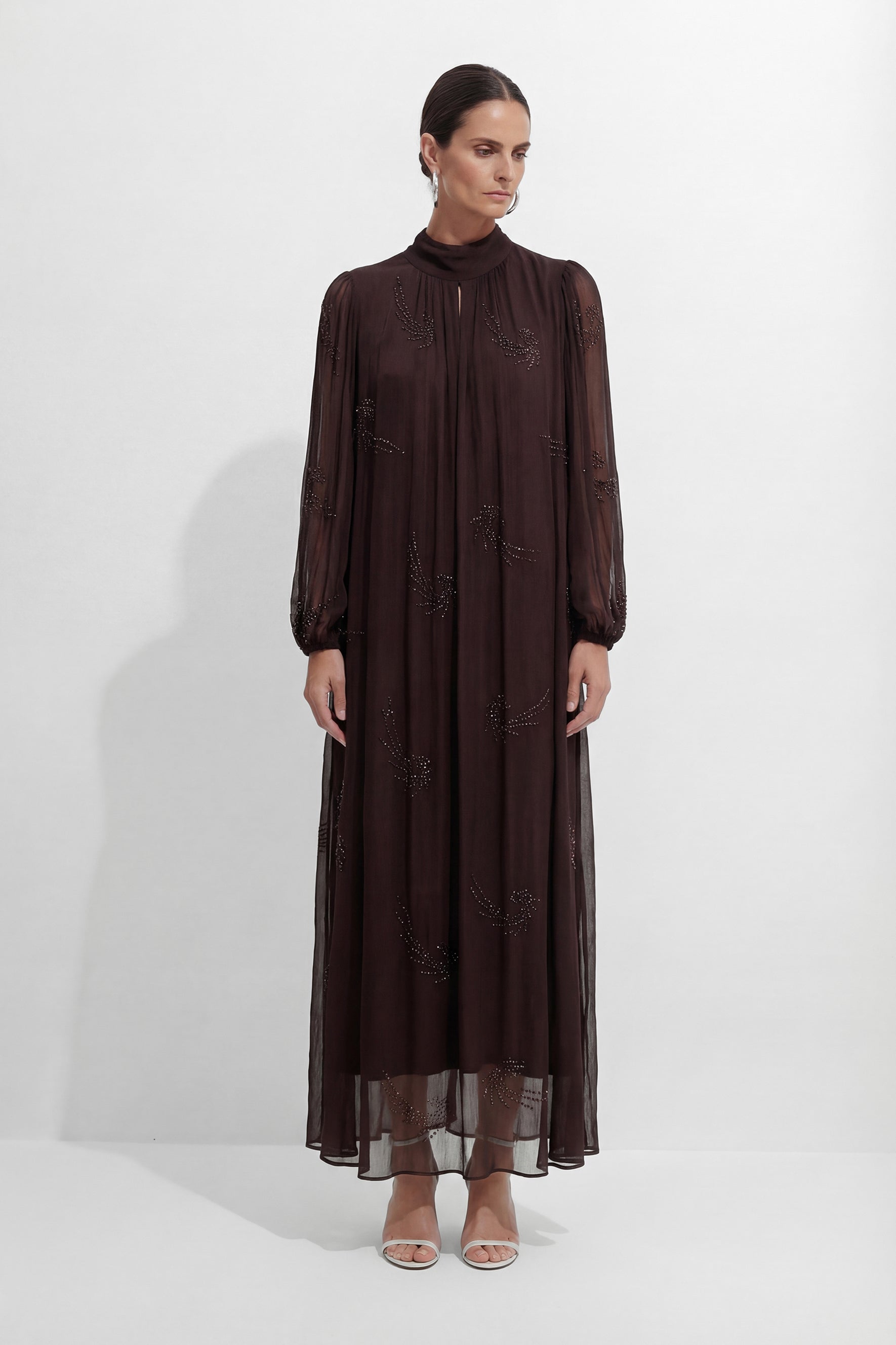 Slow Glamour Brown Rhinestone Embellished Silk Maxi Dress