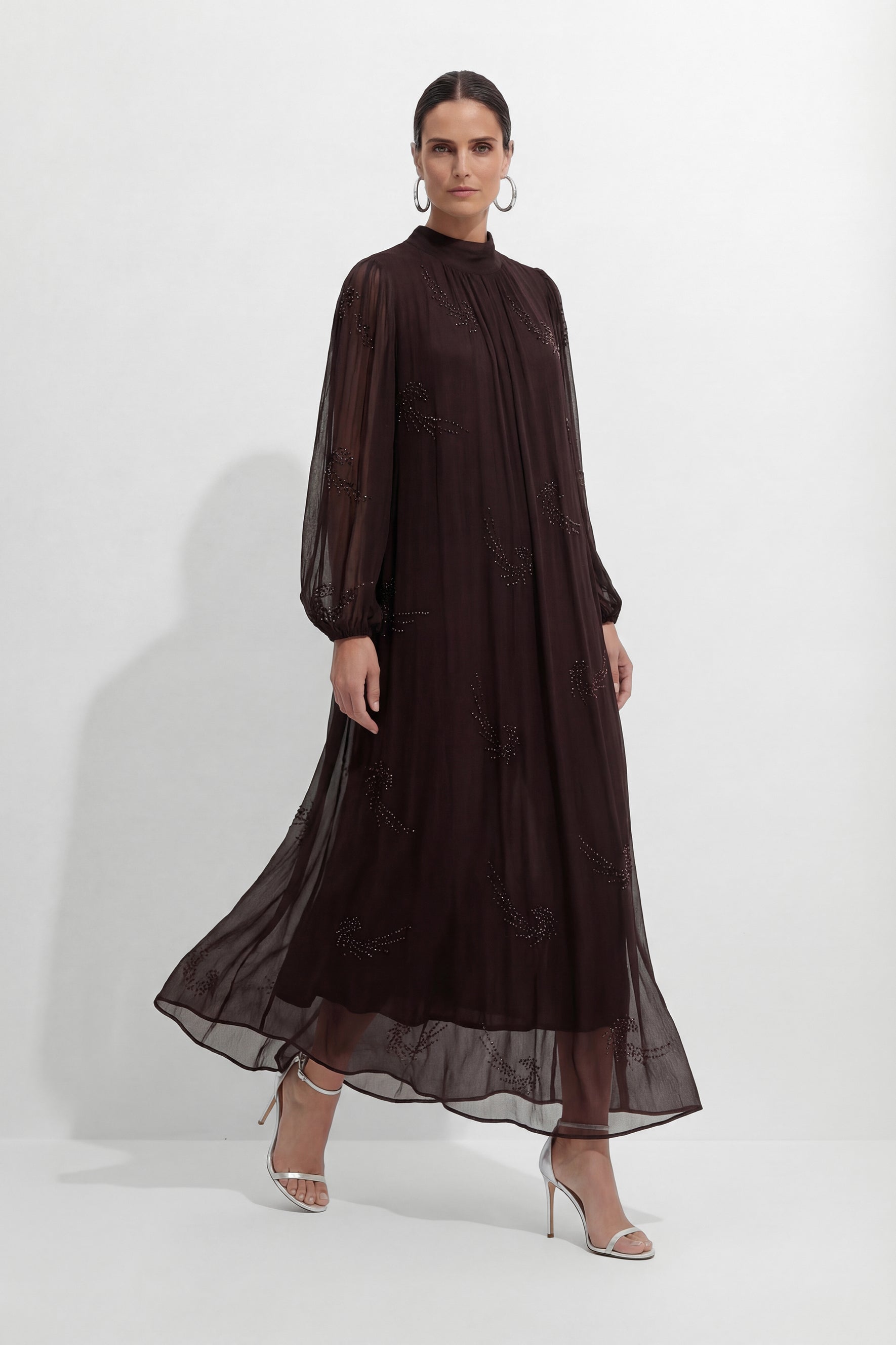 Slow Glamour Brown Rhinestone Embellished Silk Maxi Dress