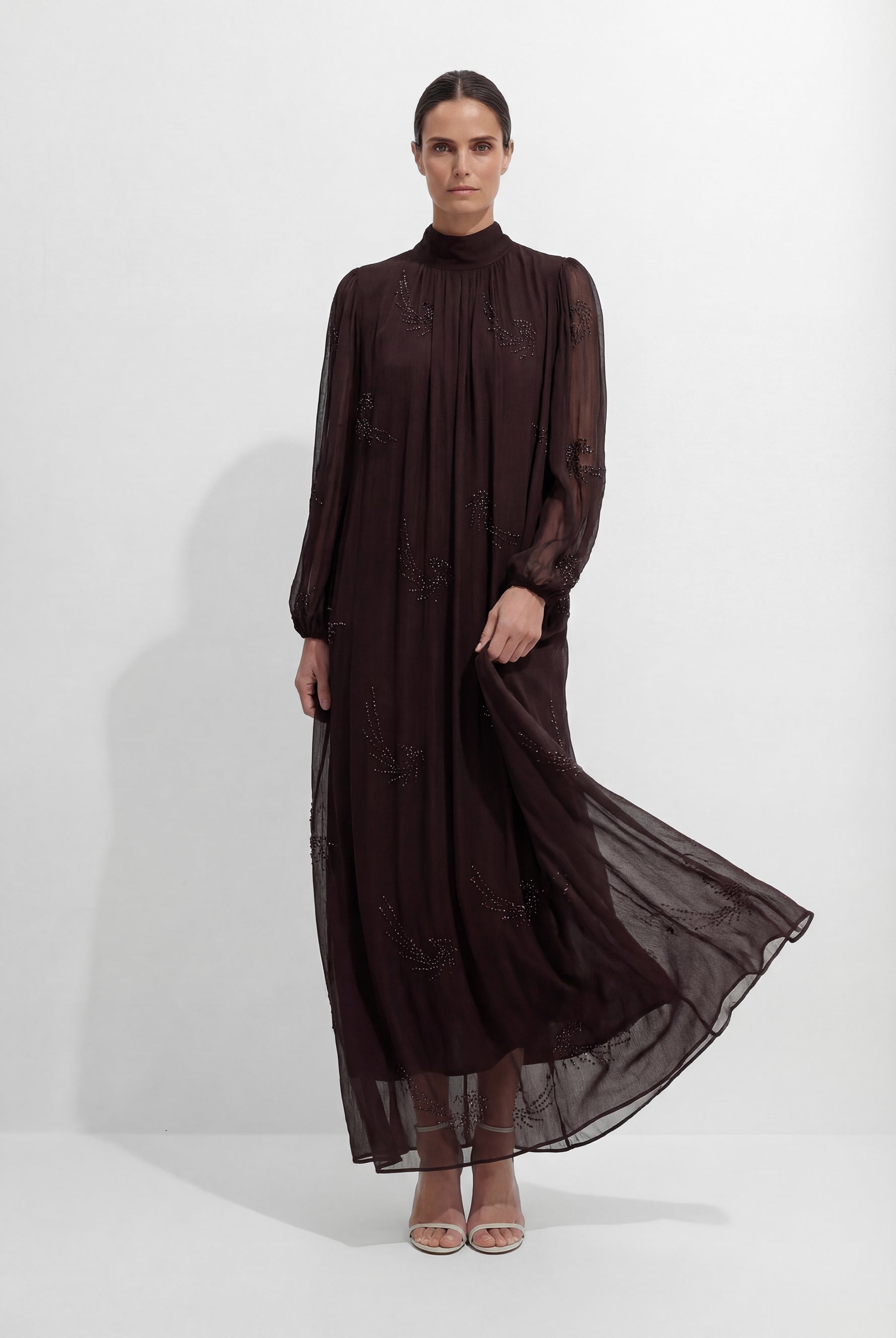 Slow Glamour Brown Rhinestone Embellished Silk Maxi Dress