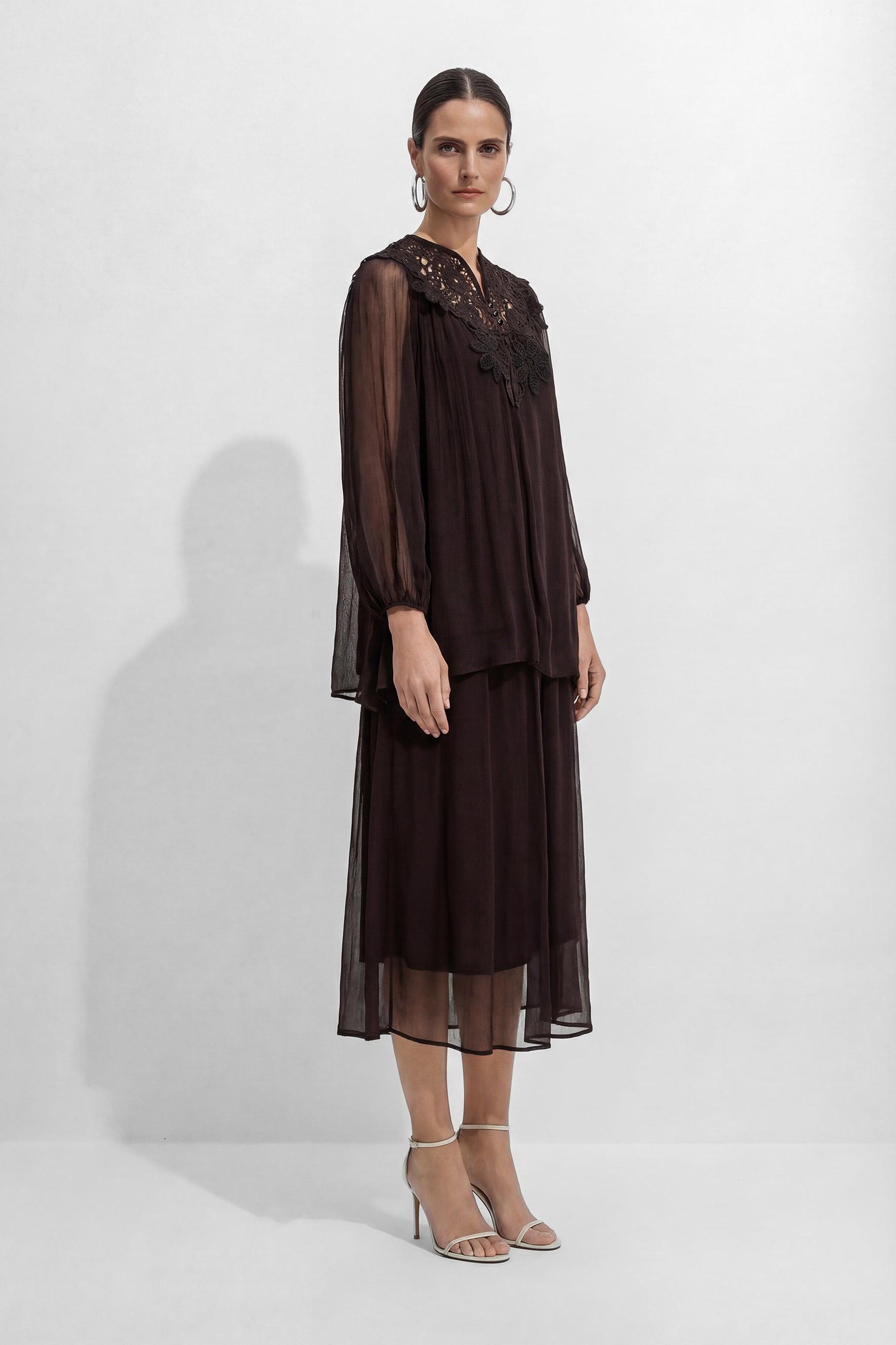 Made For Moments Brown Lace Embroidered Silk Top & Skirt Set