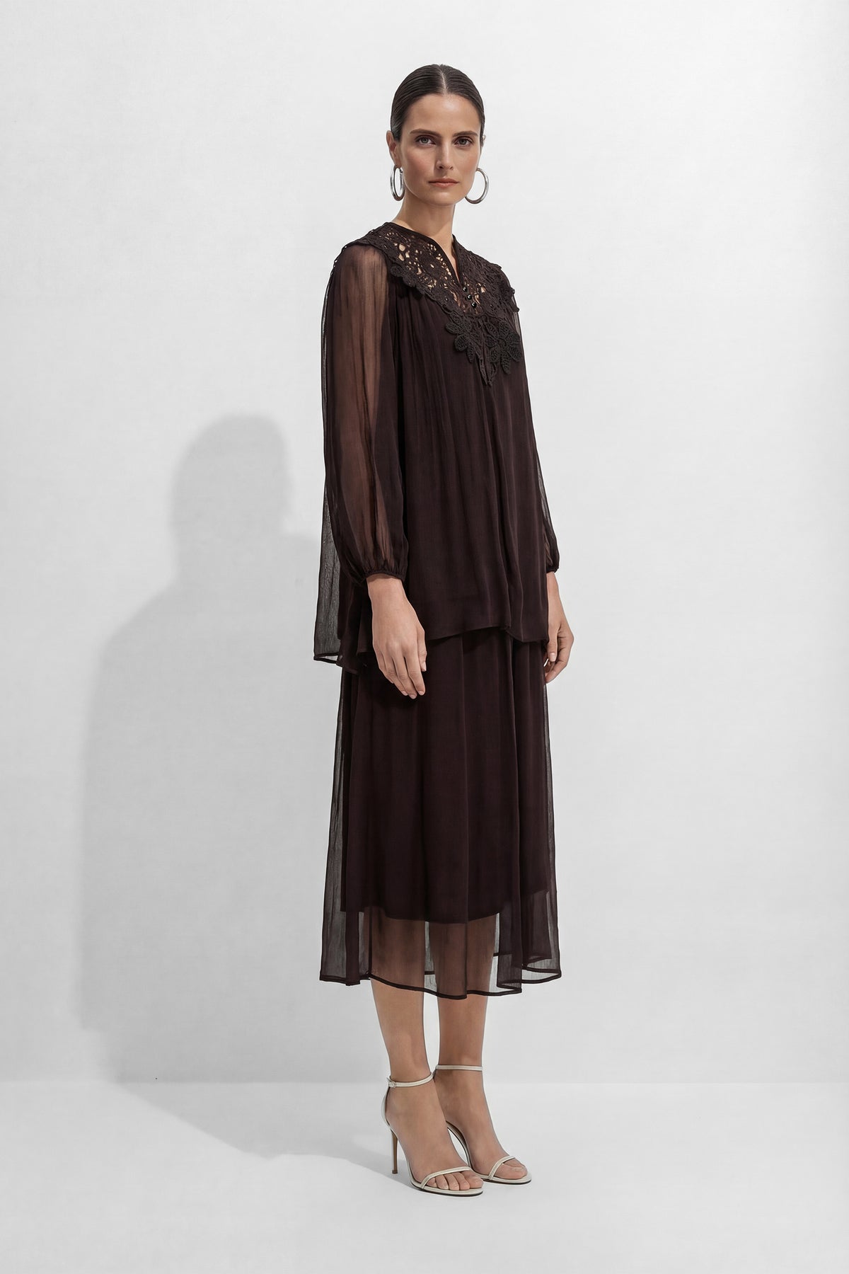 Made For Moments Brown Lace Embroidered Silk Top & Skirt Set