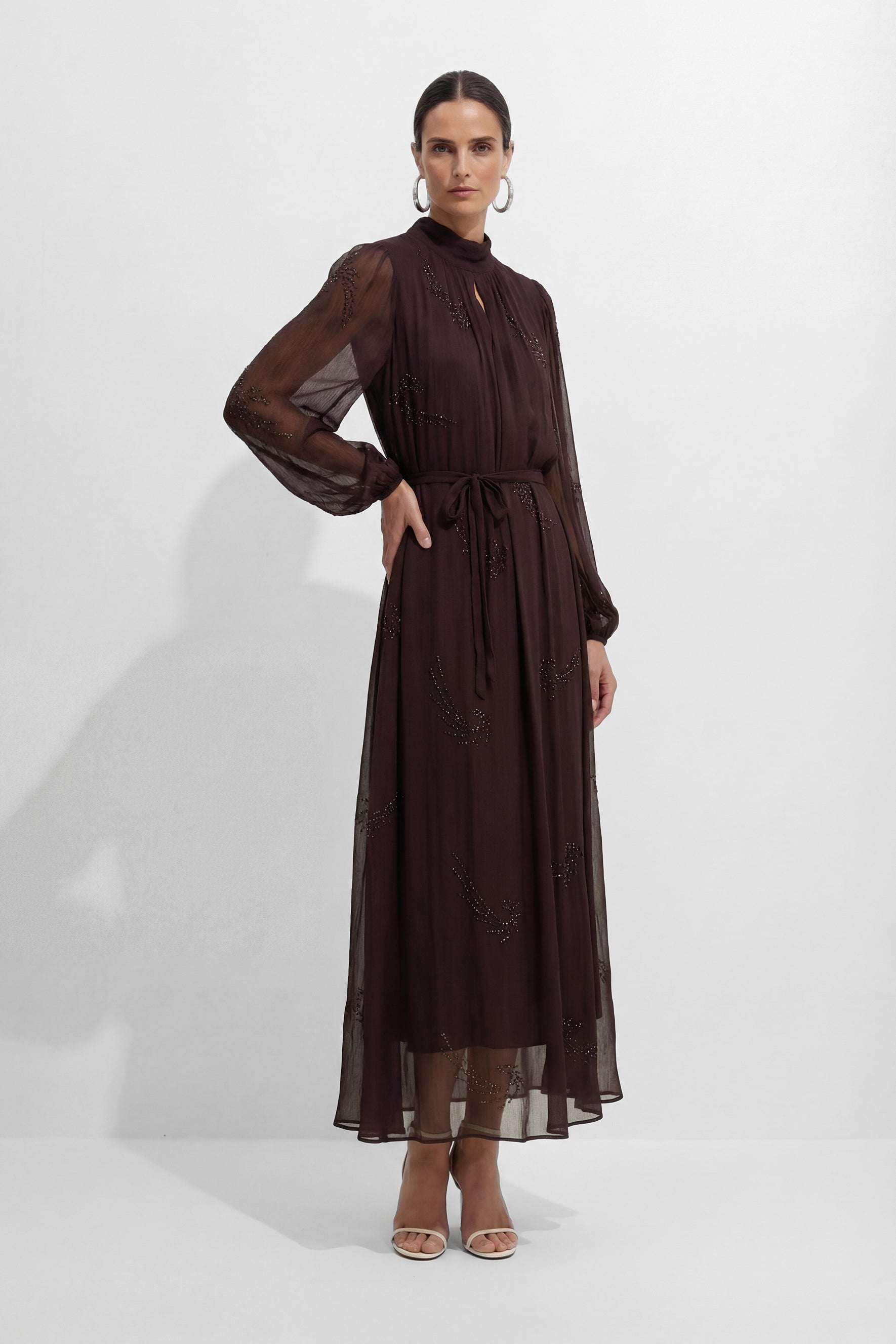 Slow Glamour Brown Rhinestone Embellished Silk Maxi Dress