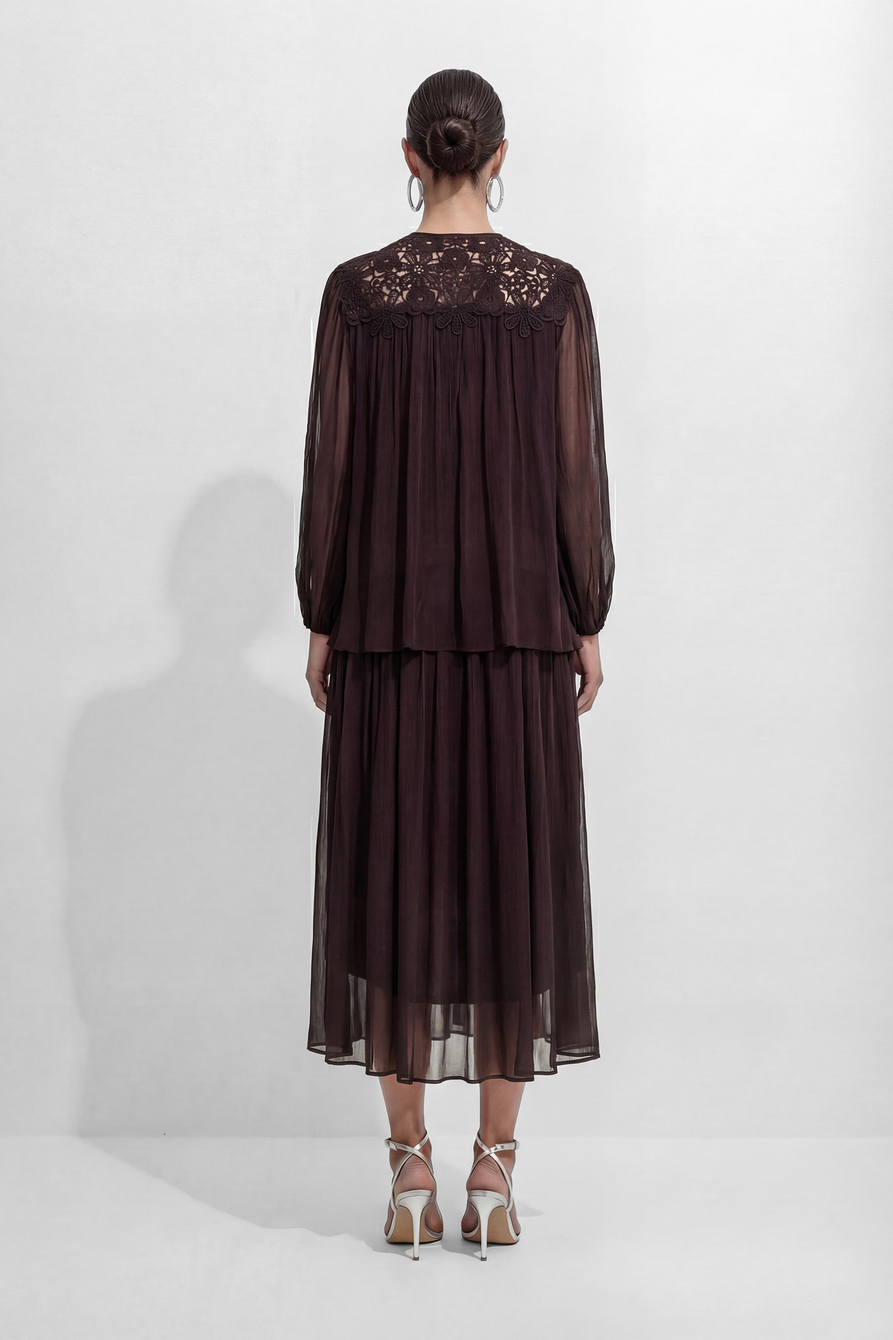 Made For Moments Brown Lace Embroidered Silk Top & Skirt Set