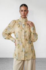 Garden Story Beige Floral Print High Neck Blouse