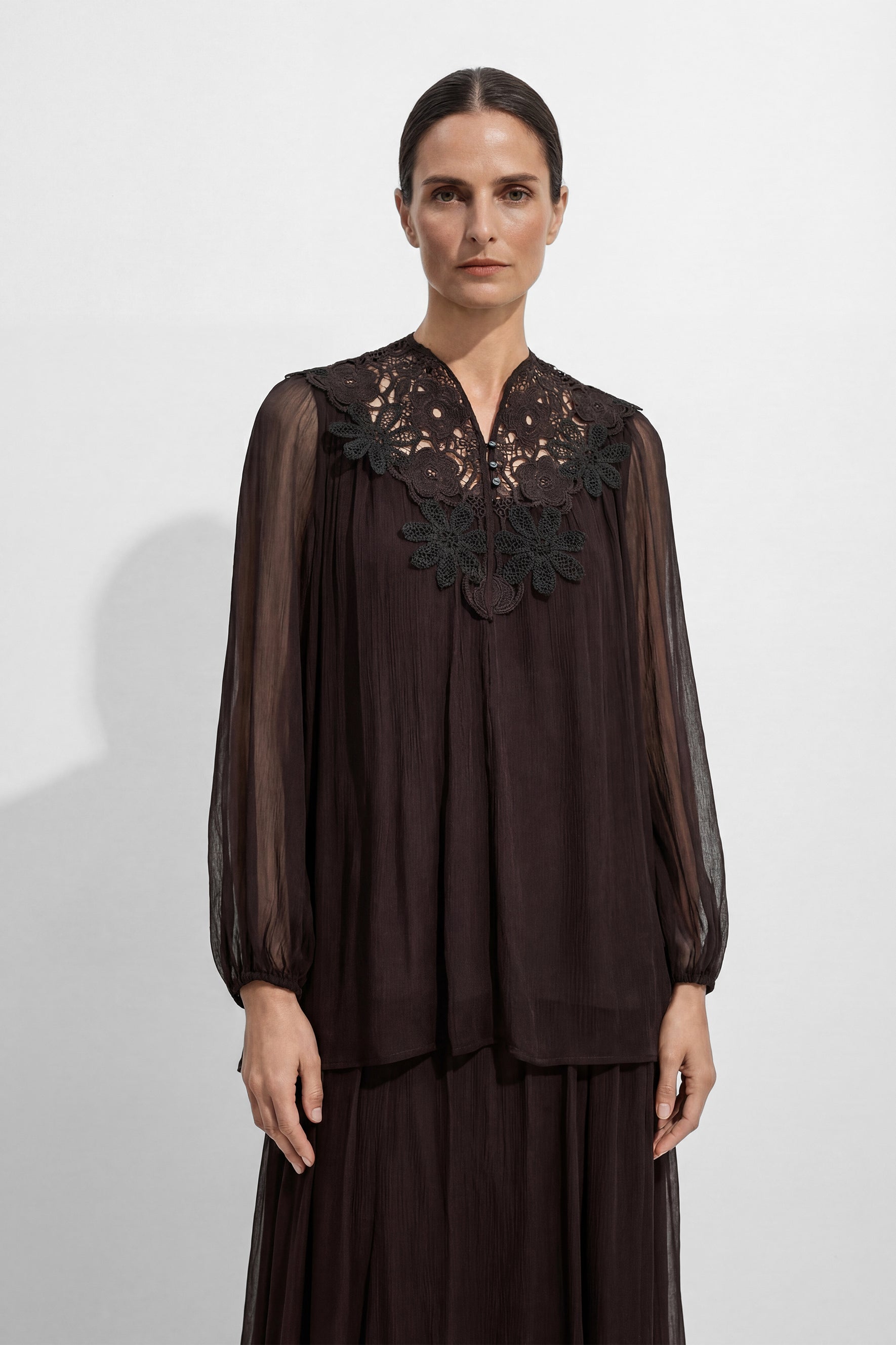 Made For Moments Brown Lace Embroidered Silk Top & Skirt Set