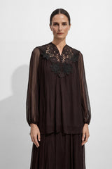 Made For Moments Brown Lace Embroidered Silk Top & Skirt Set