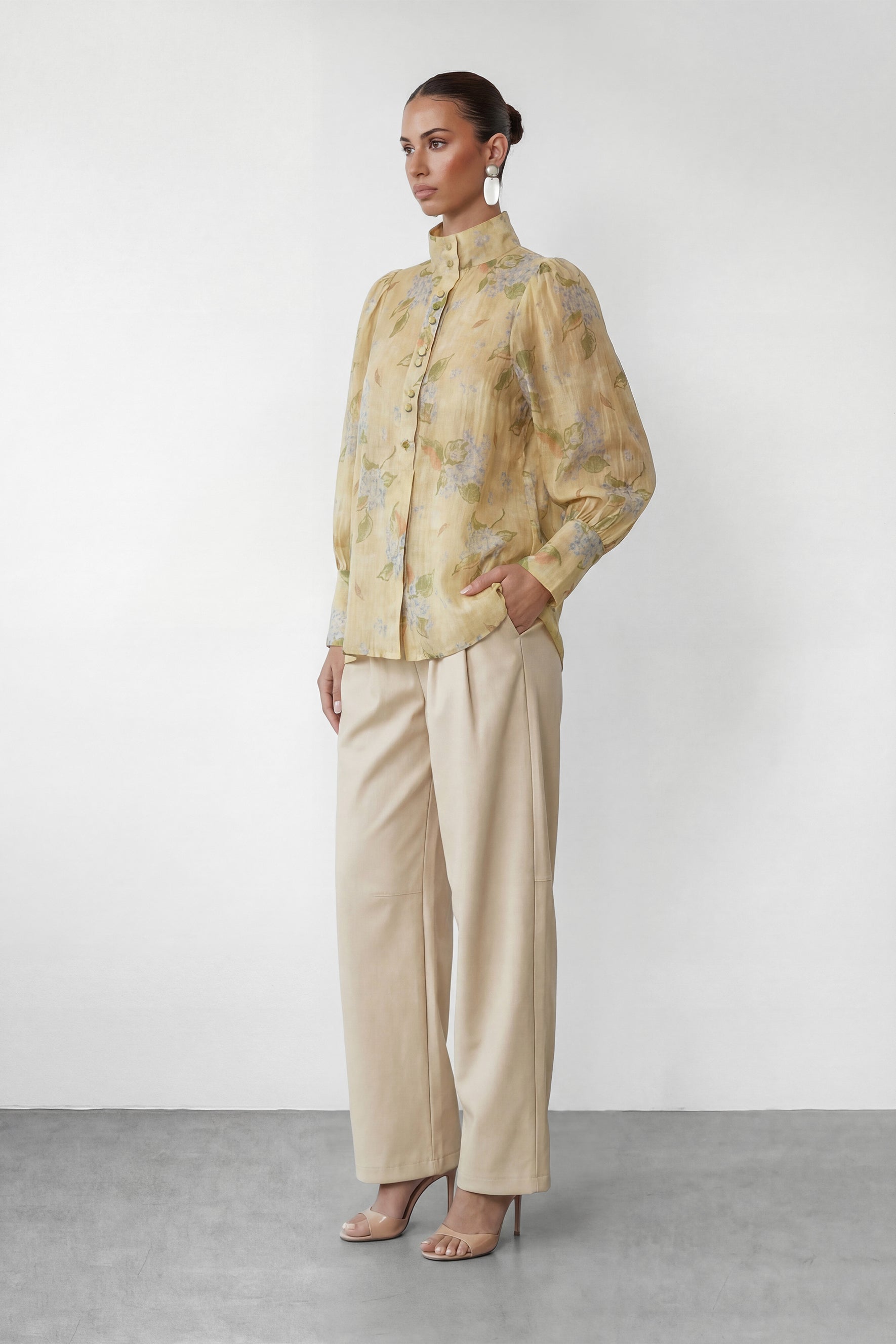 Garden Story Beige Floral Print High Neck Blouse