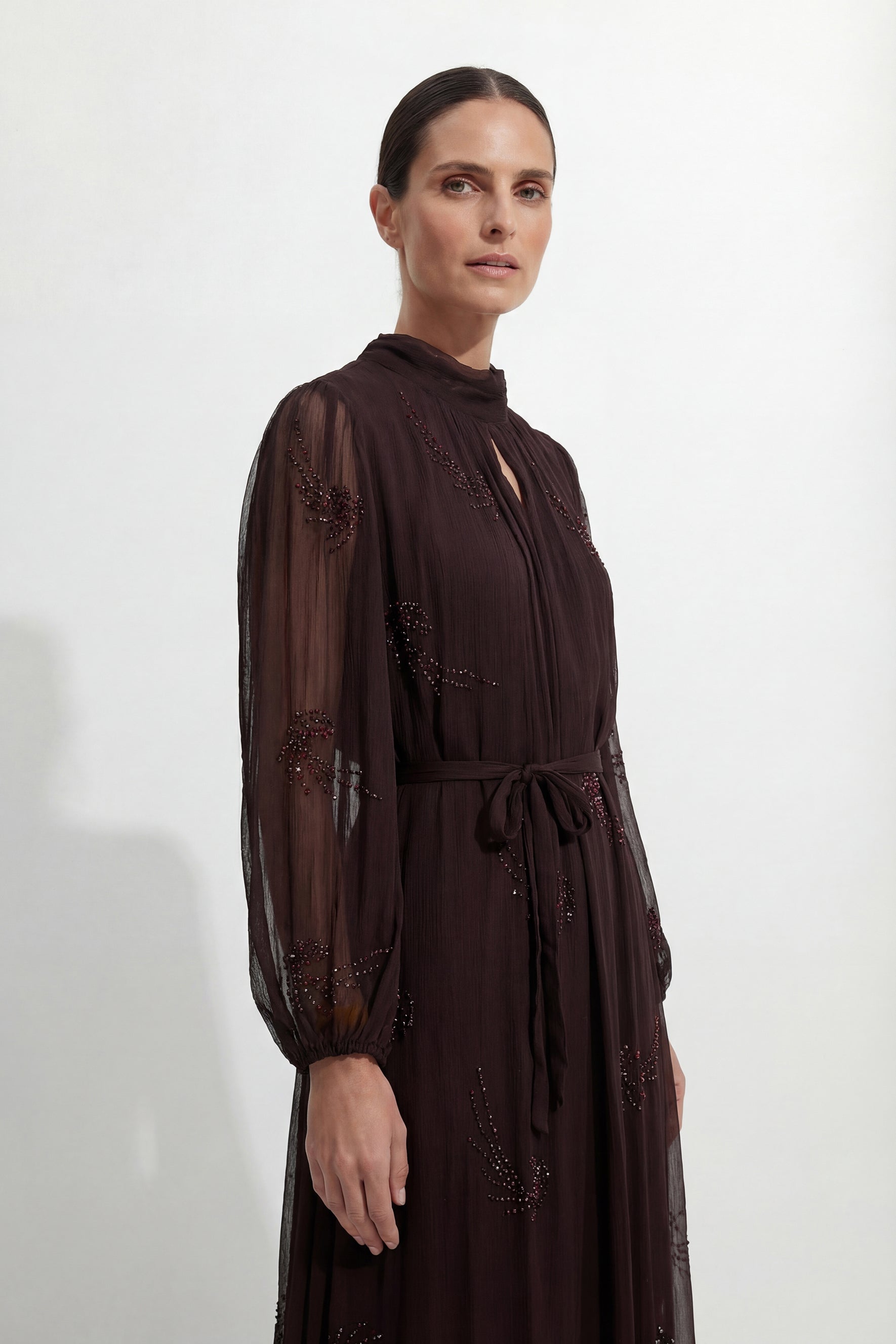 Slow Glamour Brown Rhinestone Embellished Silk Maxi Dress