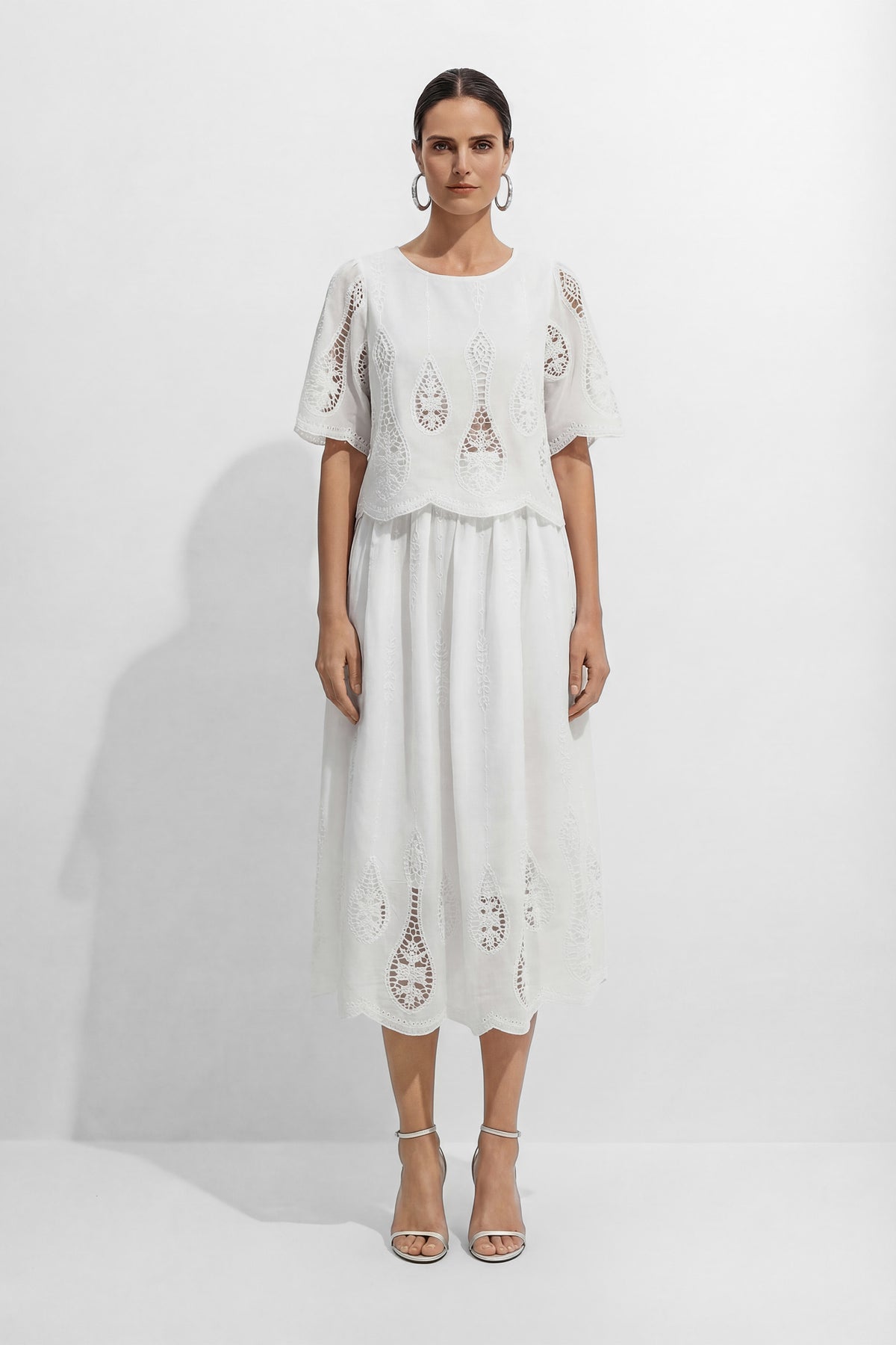 Simple Elegance White Hollow-Out Embroidery Top & Skirt Set