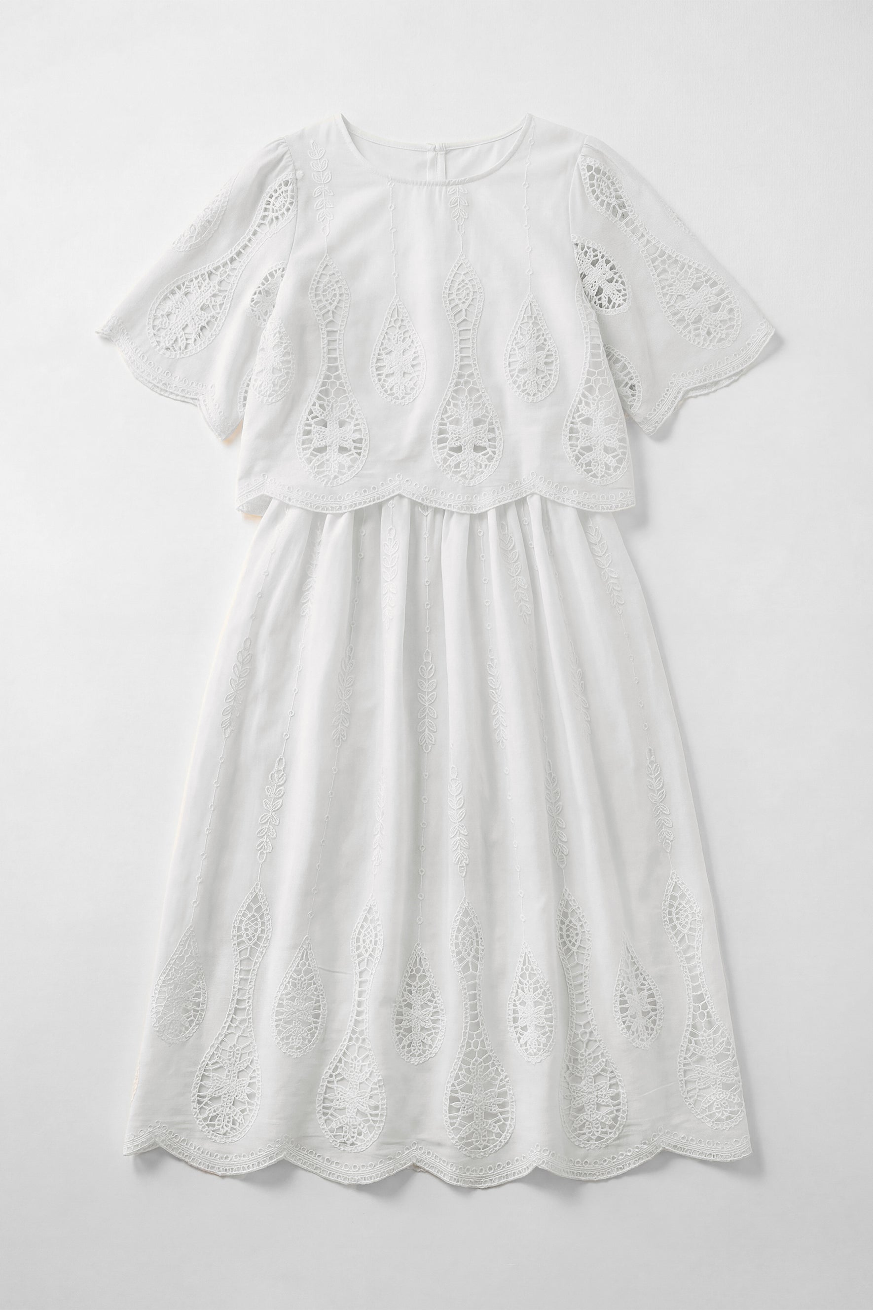 Simple Elegance White Hollow-Out Embroidery Top & Skirt Set