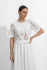 Simple Elegance White Hollow-Out Embroidery Top & Skirt Set