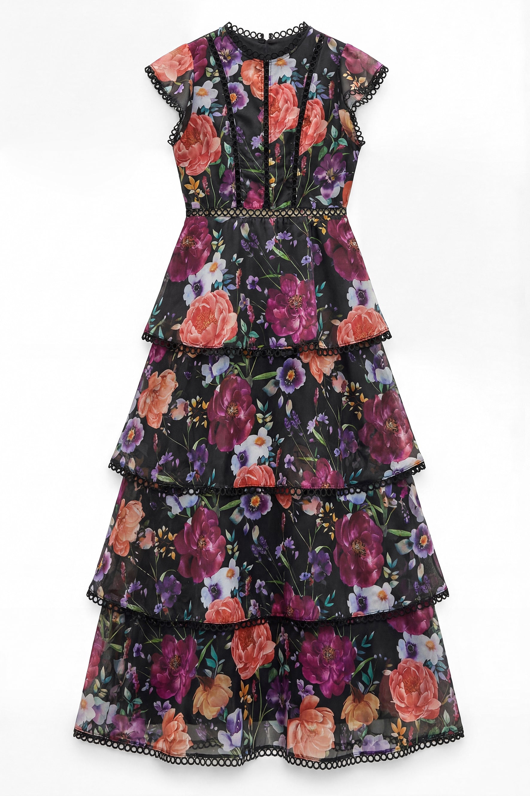 Bloom Dream Black Floral Print Tiered Ruffle Maxi Dress