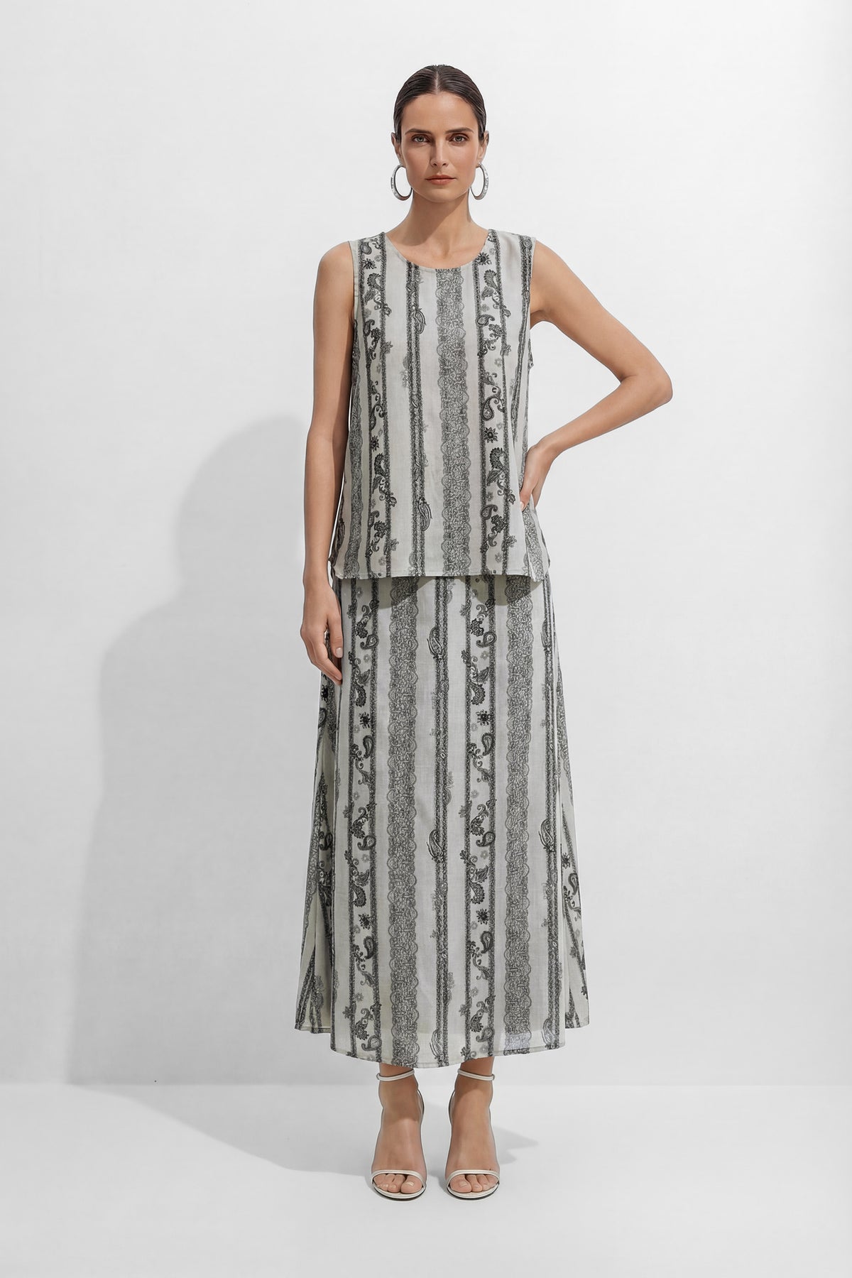 Softly Defined Beige Stripe Paisley Print Top & Skirt Set