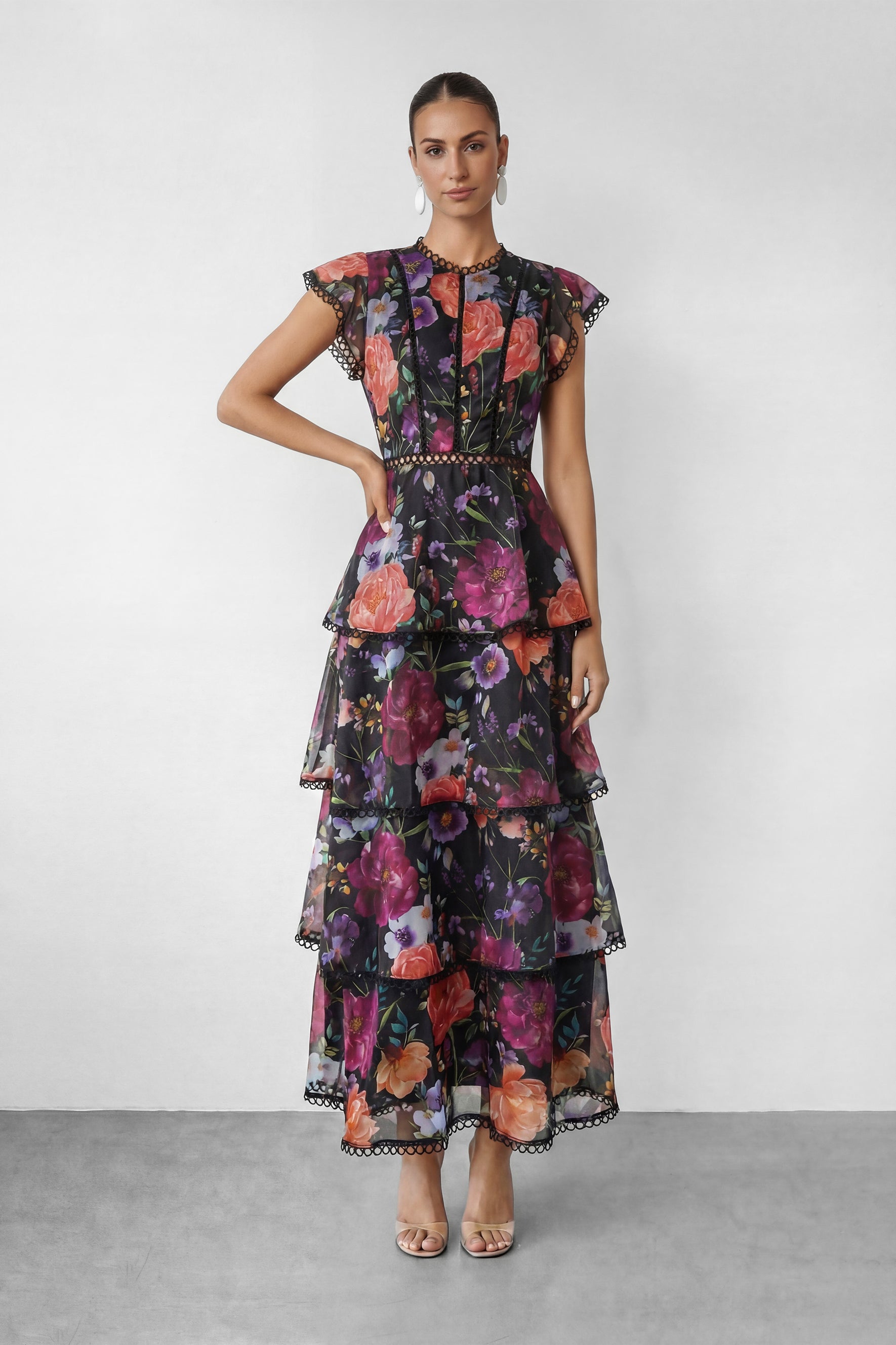 Bloom Dream Black Floral Print Tiered Ruffle Maxi Dress