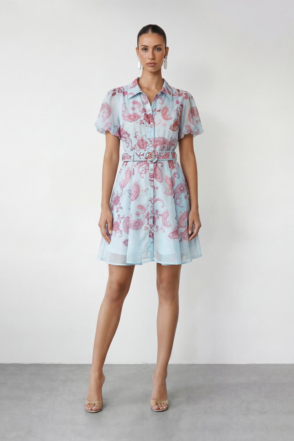 Sunday Mood Blue Paisley Print Puff Sleeve Mini Dress
