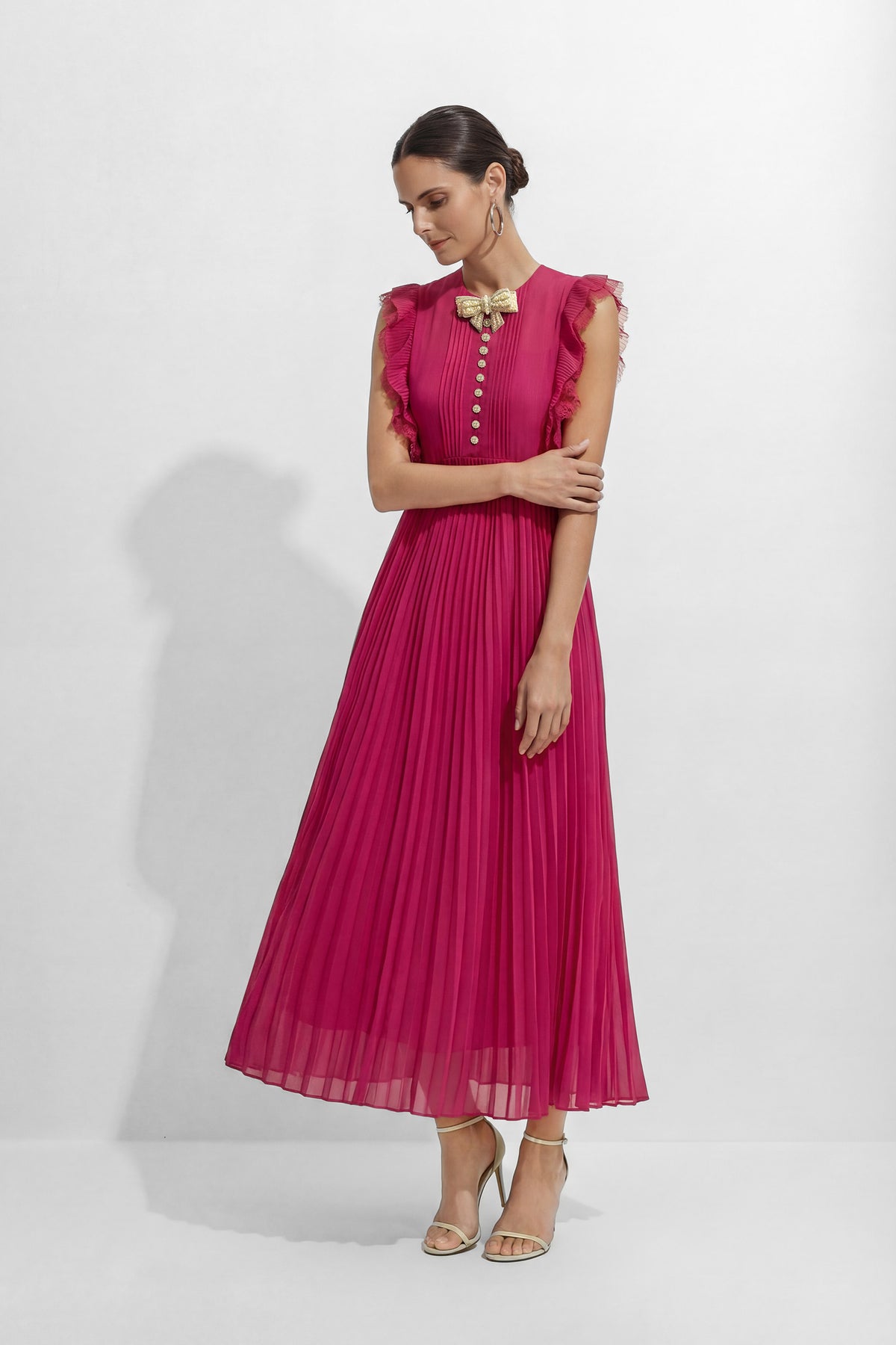Main Character Mood Hot Pink Pleated Ruffle Sleeve Maxi Dress