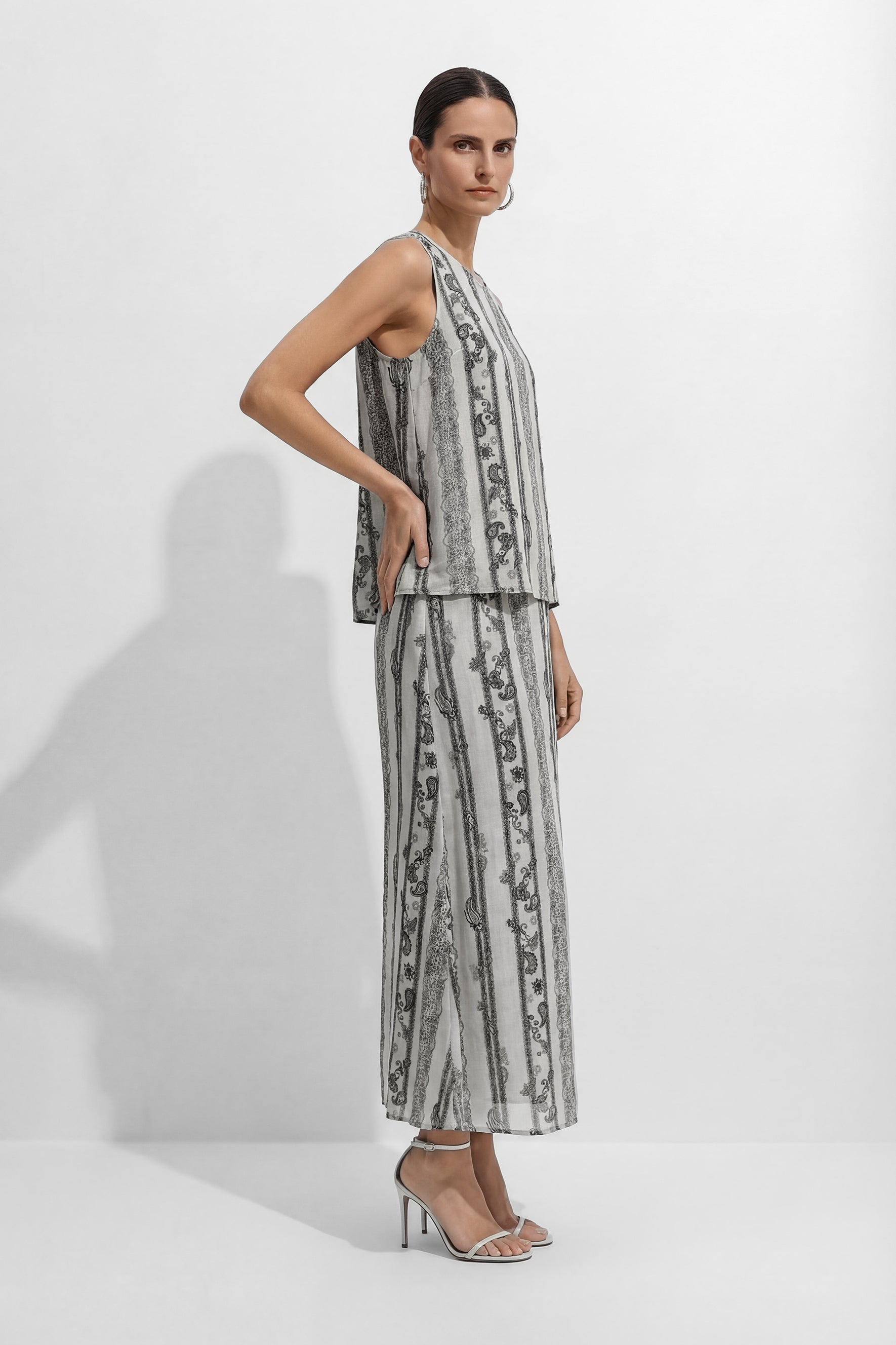 Softly Defined Beige Stripe Paisley Print Top & Skirt Set