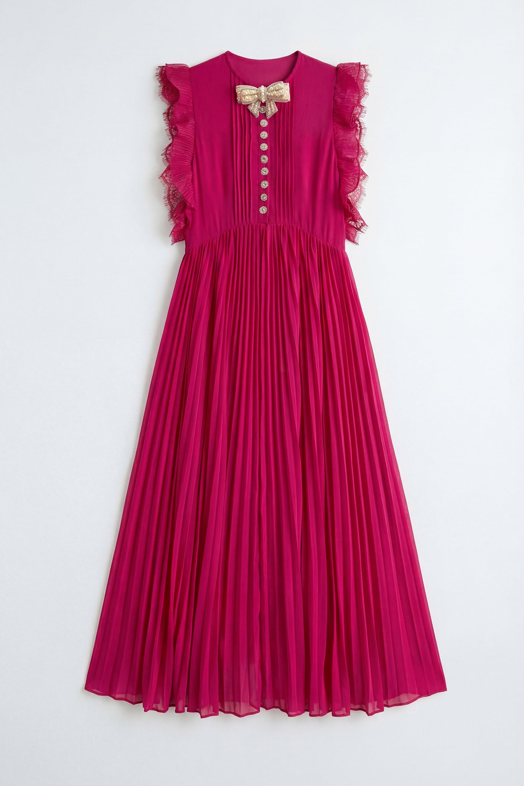 Main Character Mood Hot Pink Pleated Ruffle Sleeve Maxi Dress