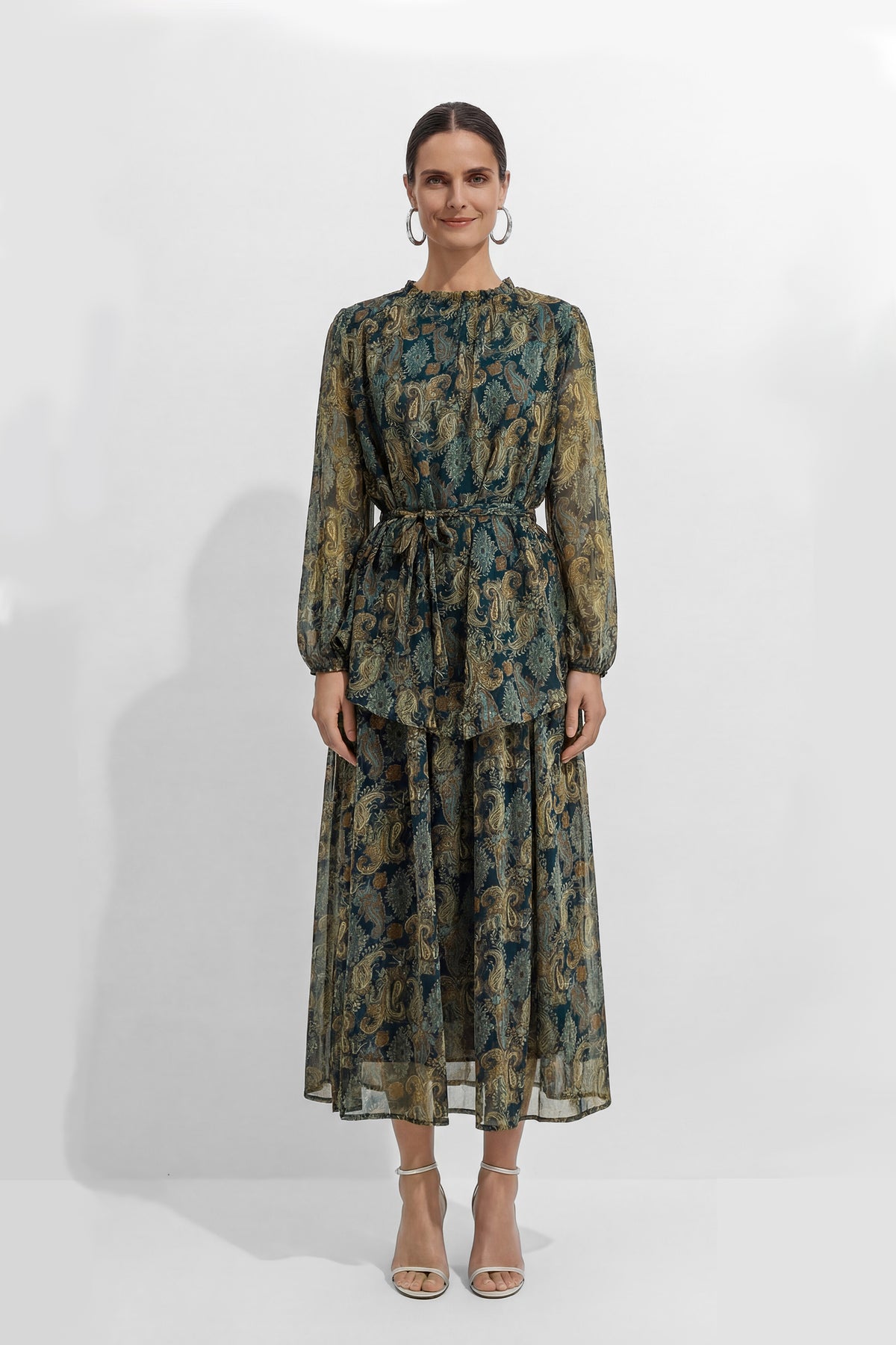 Dark Emerald Green Paisley Print Georgette Top & Skirt Set