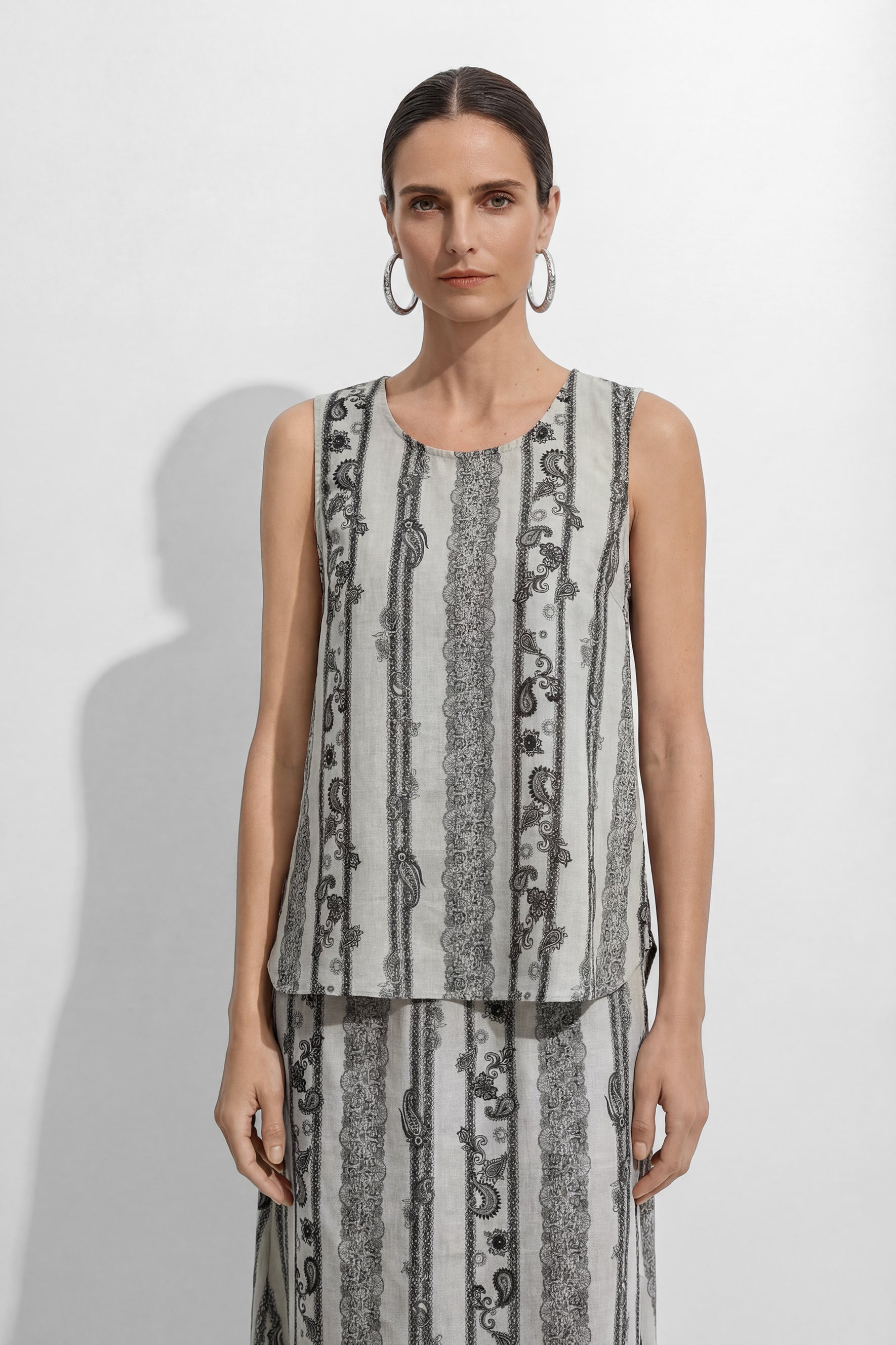 Softly Defined Beige Stripe Paisley Print Top & Skirt Set