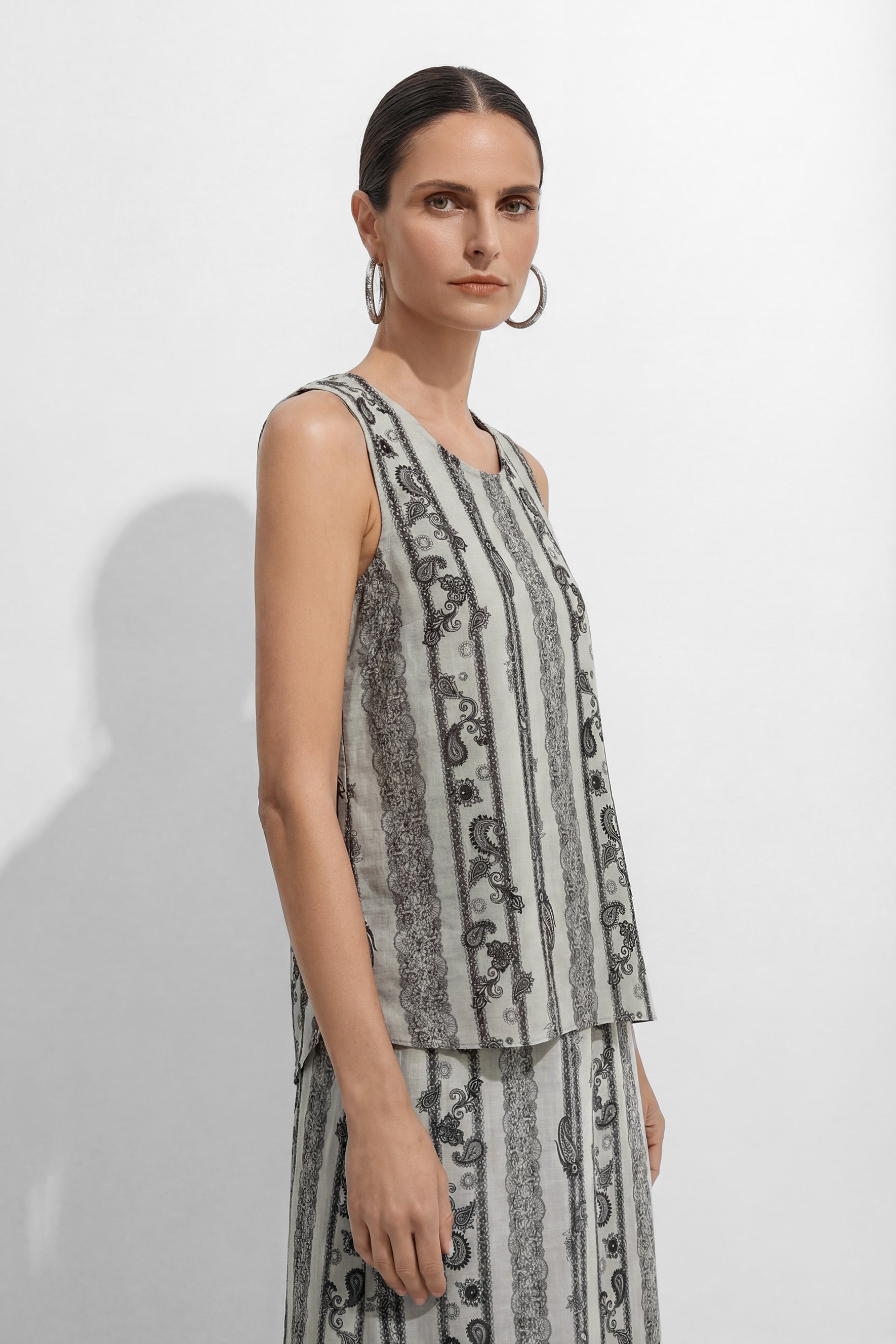 Softly Defined Beige Stripe Paisley Print Top & Skirt Set