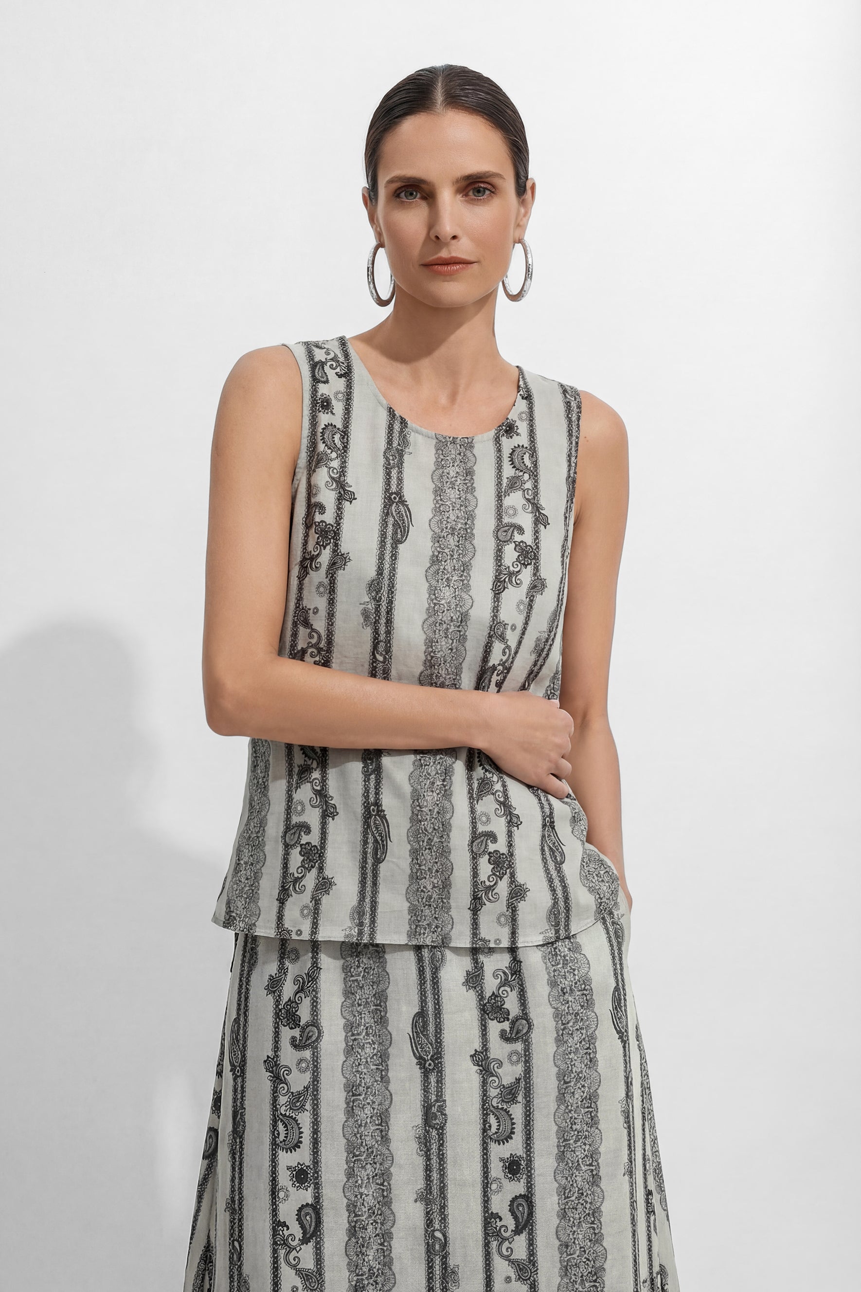 Softly Defined Beige Stripe Paisley Print Top & Skirt Set