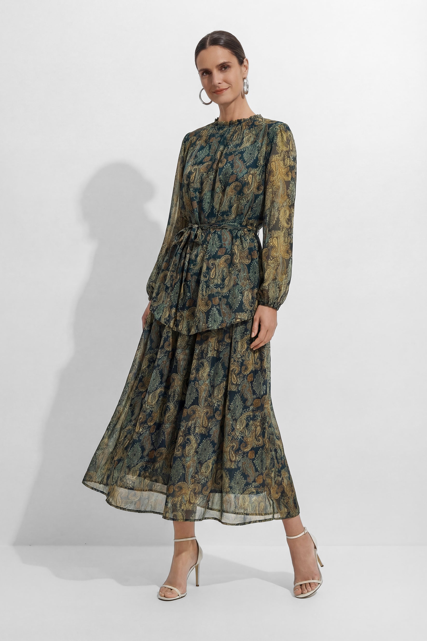 Dark Emerald Green Paisley Print Georgette Top & Skirt Set