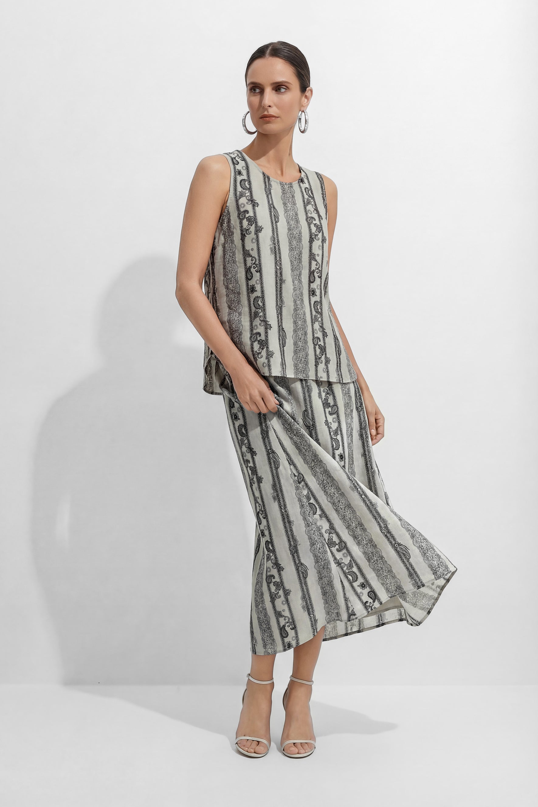 Softly Defined Beige Stripe Paisley Print Top & Skirt Set